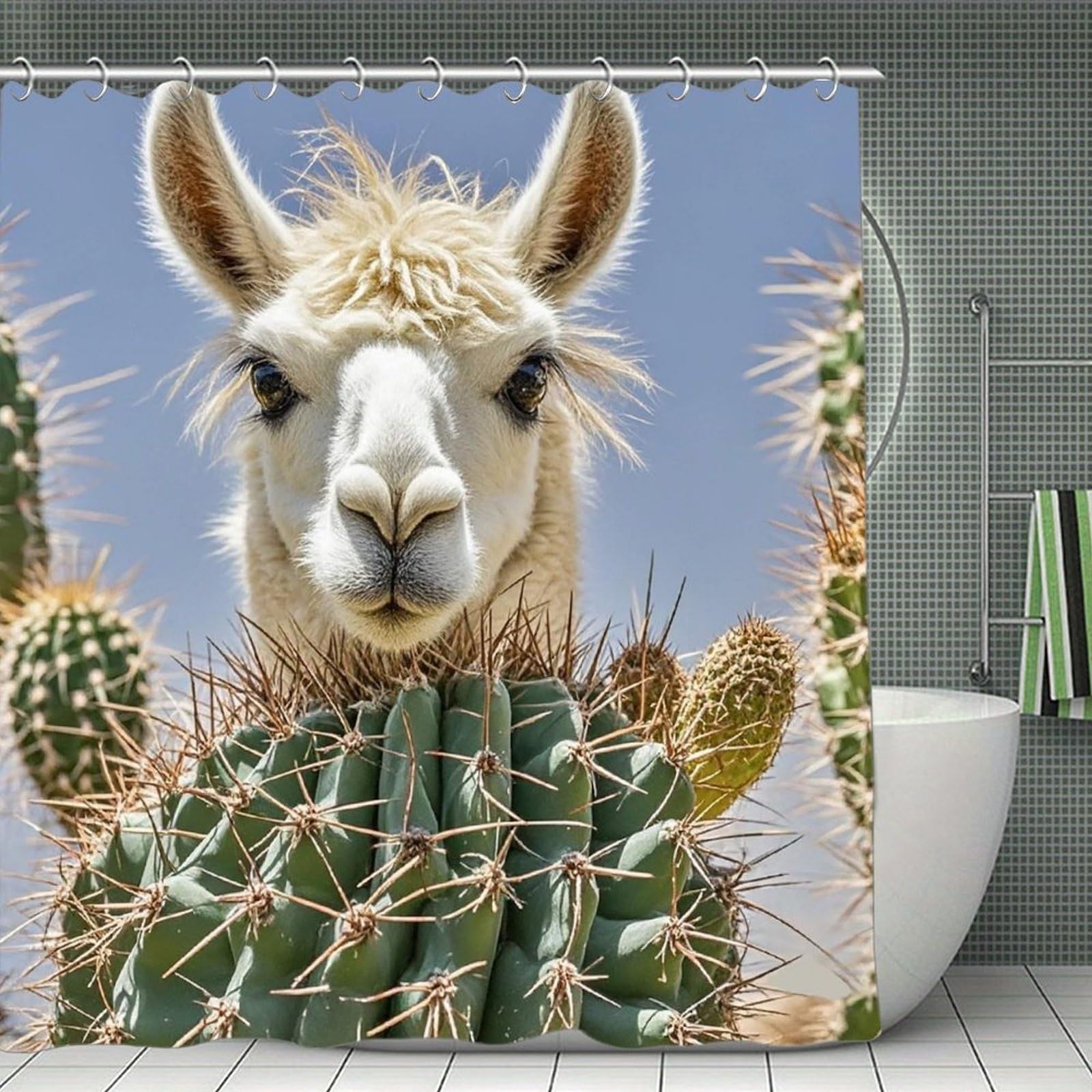 QMNLKH Mexican Llama Cactus Shower Curtain with Hooks, Waterproof Bath Curtains for Bathroom, Lightweight Bath Curtains Liner for Hotel, Personalized Bath Curtain for Spa, 70.8 Inch