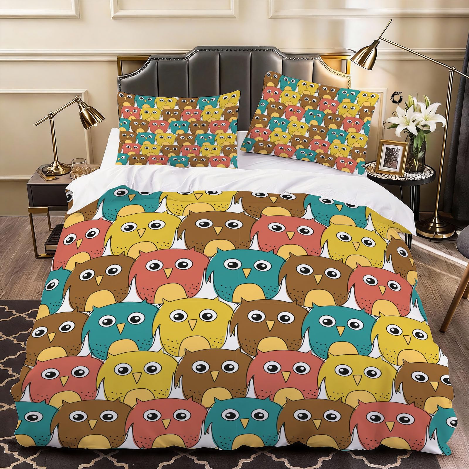 3D Owl Duvet Cover Kids Bedding Double Bed Set, Soft Microfiber Comforter Cover Printed with Zipper Closure Quilt Coverr 200x200 cm and 2 Pillowcases
