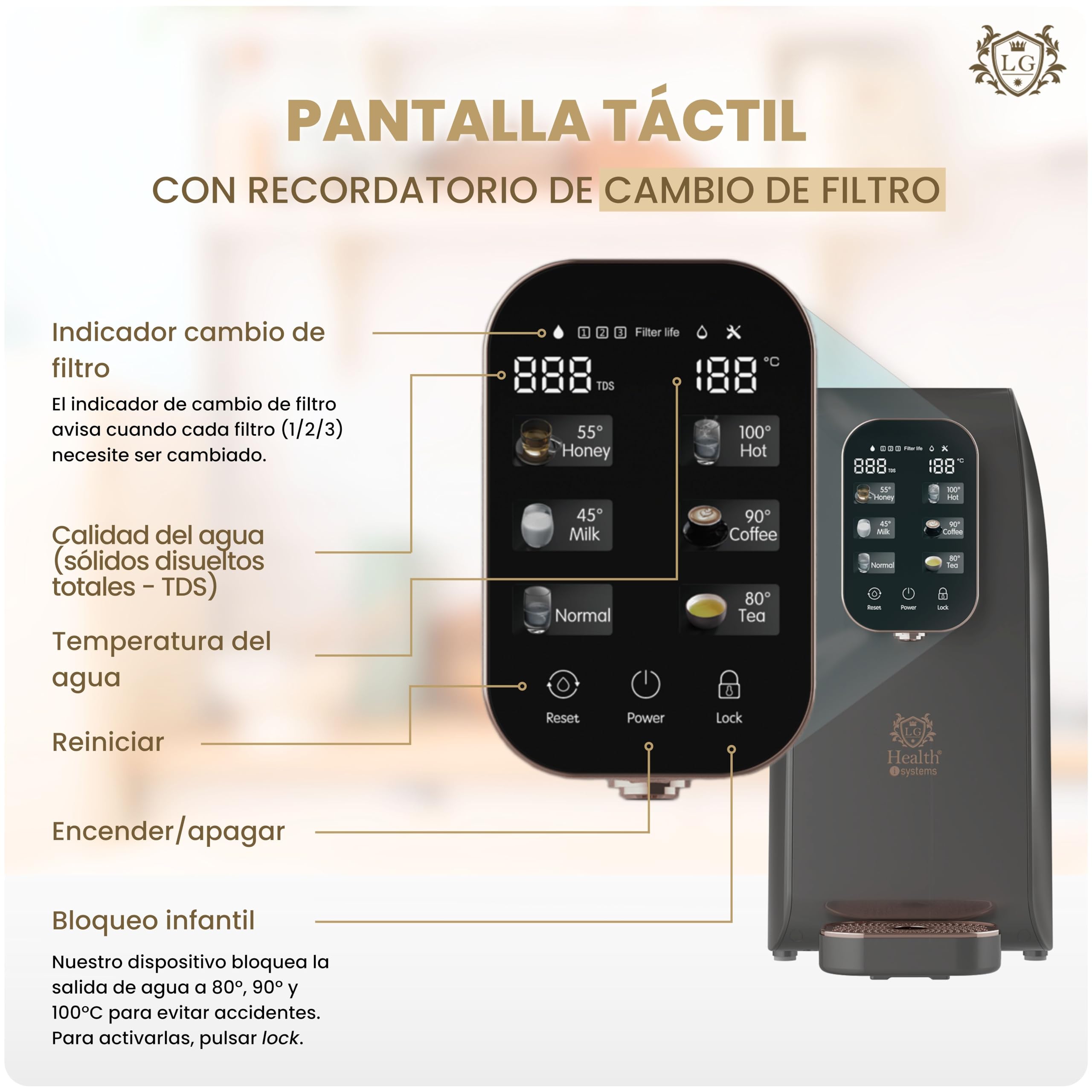 LG Health Purificador de Agua con Sistema de Ósmosis Inversa Compacta - Dispensador de Agua Potable con 6 Niveles de Temperatura - Máxima Filtración de Tóxicos - Sin Instalación - Filtros Incluidos.