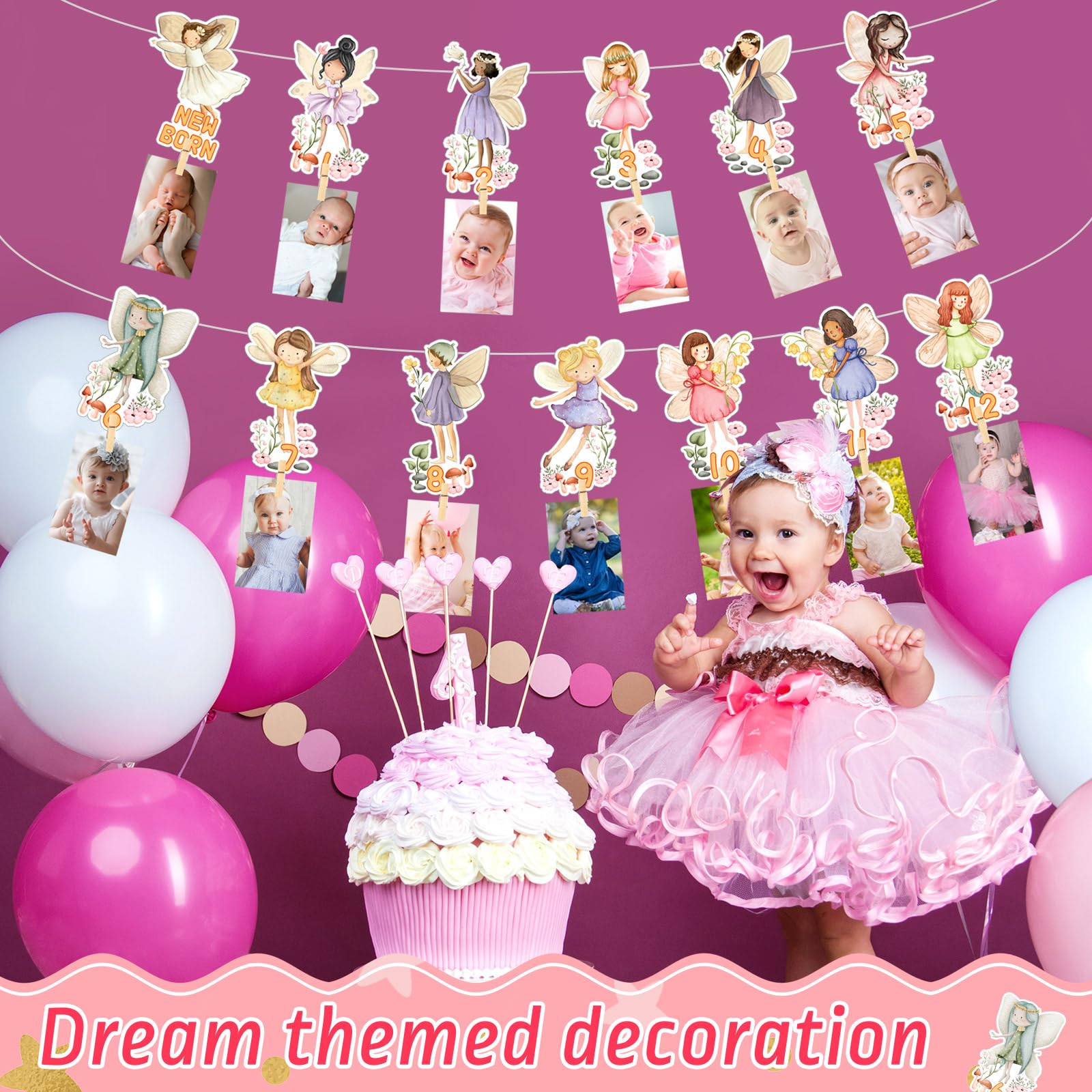 Fairy-Themed First Birthday Photo Banner – Monthly Milestone Garland For Baby Girls (Newborn To 12 Months)