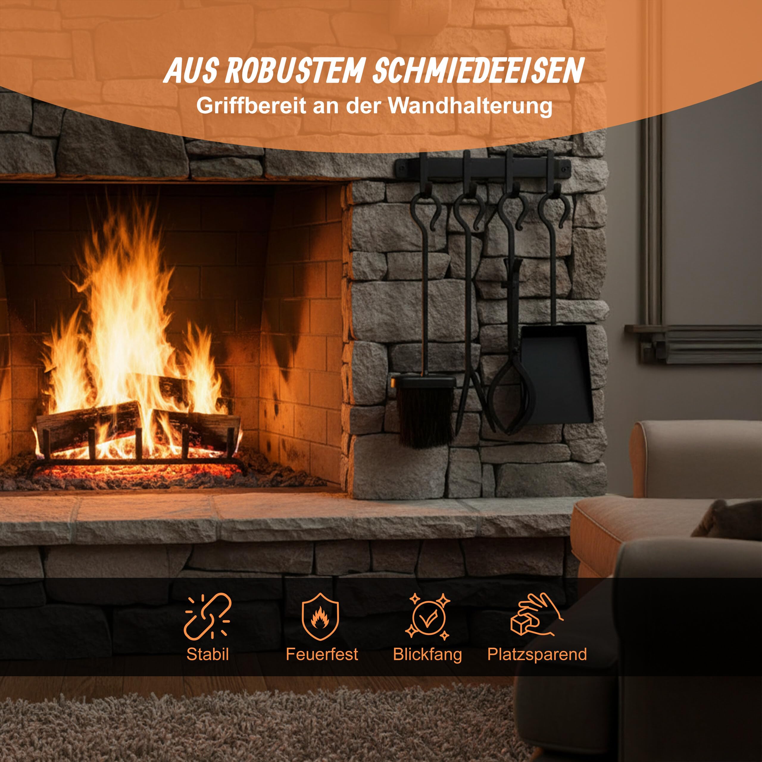 Relaxdays Kaminbesteck, 5-TLG. Set, Schürhaken, Schaufel, Aschebesen, Feuerzange, Wandhalterung, Ofengarnitur, schwarz