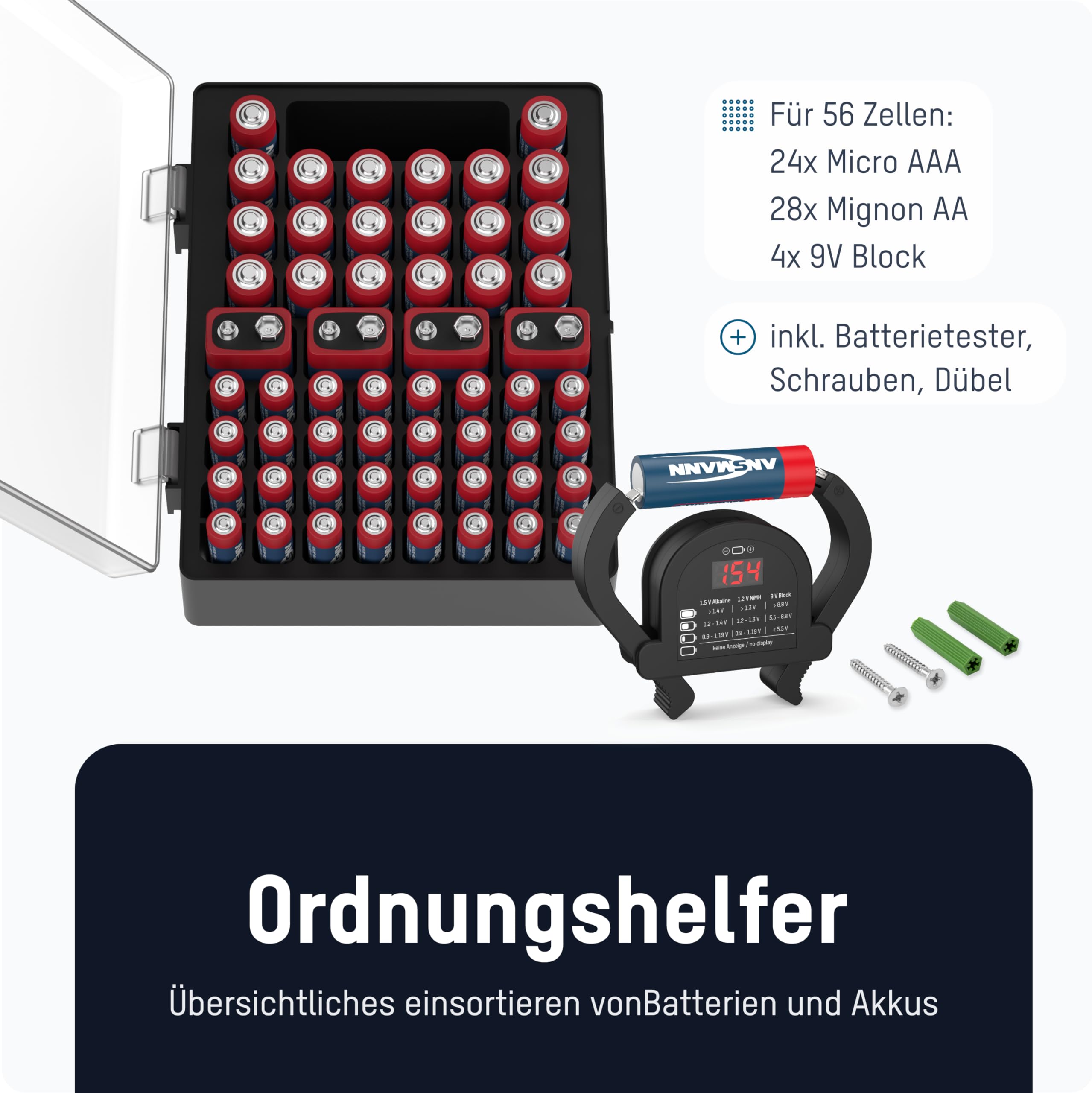 ANSMANN Scatola per batterie con tester 48 batterie 20x Micro AAA 24x stilo AA 4x 9V Organizer portatile