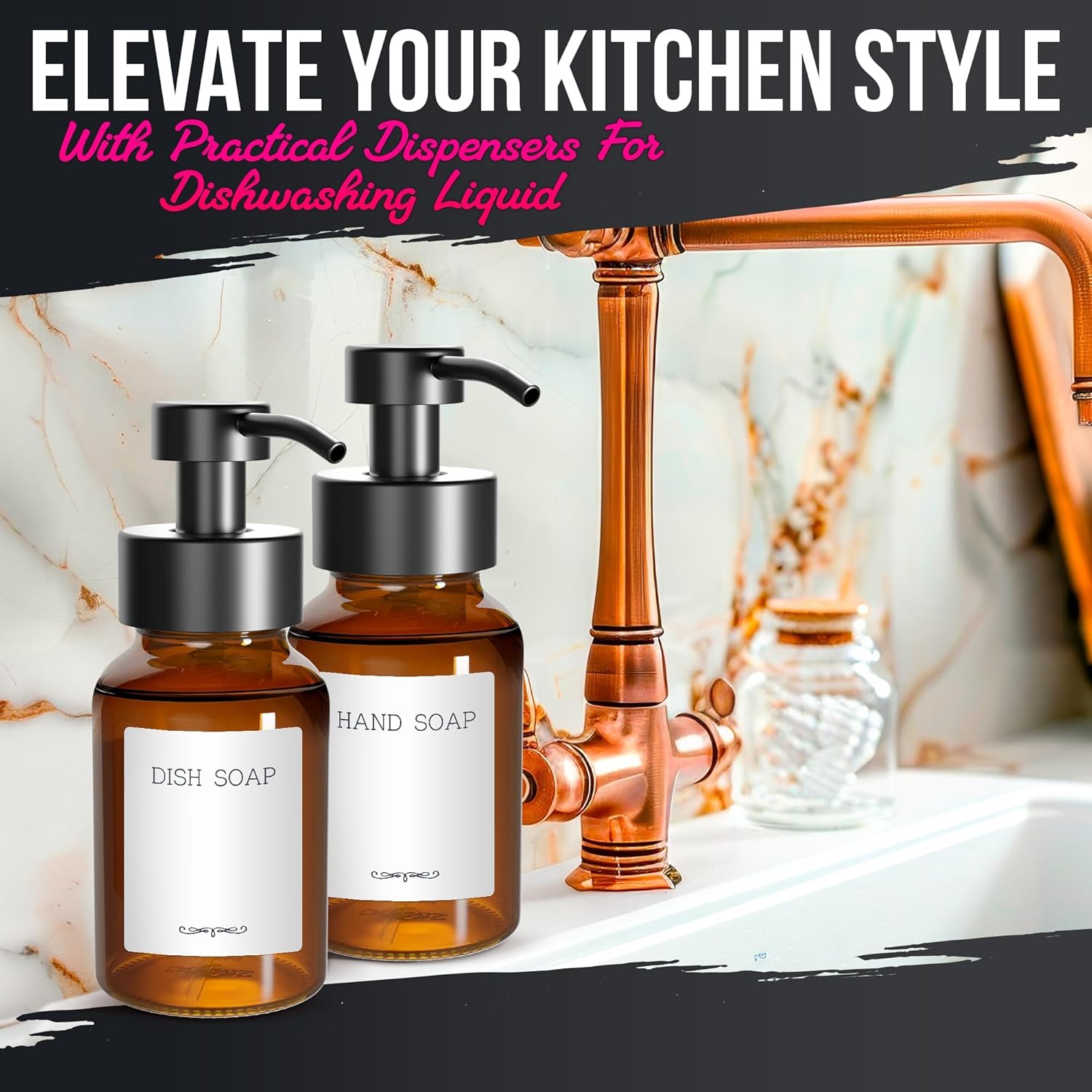 2Pcs Amber Glass Foaming Soap Dispenser - 8.5 oz Amber Glass Soap Dispenser with Pump, Compatible with Hand Soap, Dish Soap, Shampoo and Gel, Durable, Stylish & Refillable, Great as Valentine Day Gift - Image 8