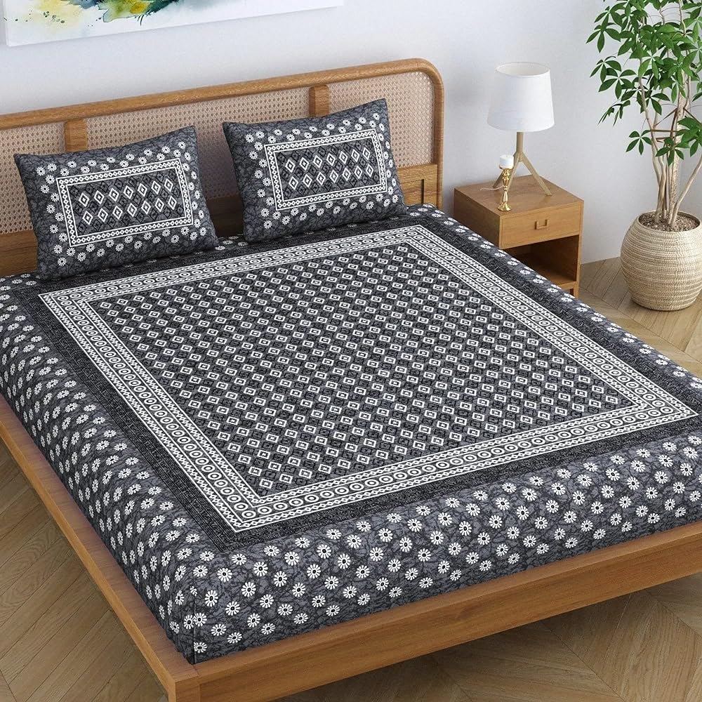 144 TC 100% Cotton Zen Floral Printed Jaipuri Queen Size Bedsheet with 2 Pillow Covers - Garden Grey