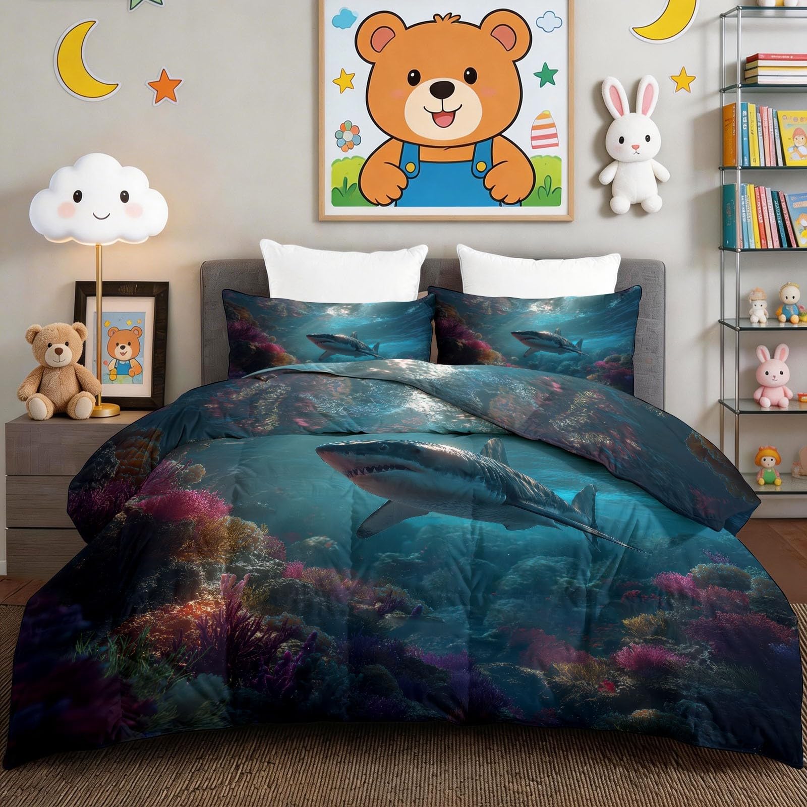 Parure de Lit Requin pour Chambre Parentale : Couette 200x200 cm Vert Océan sans Housse 4 Saisons