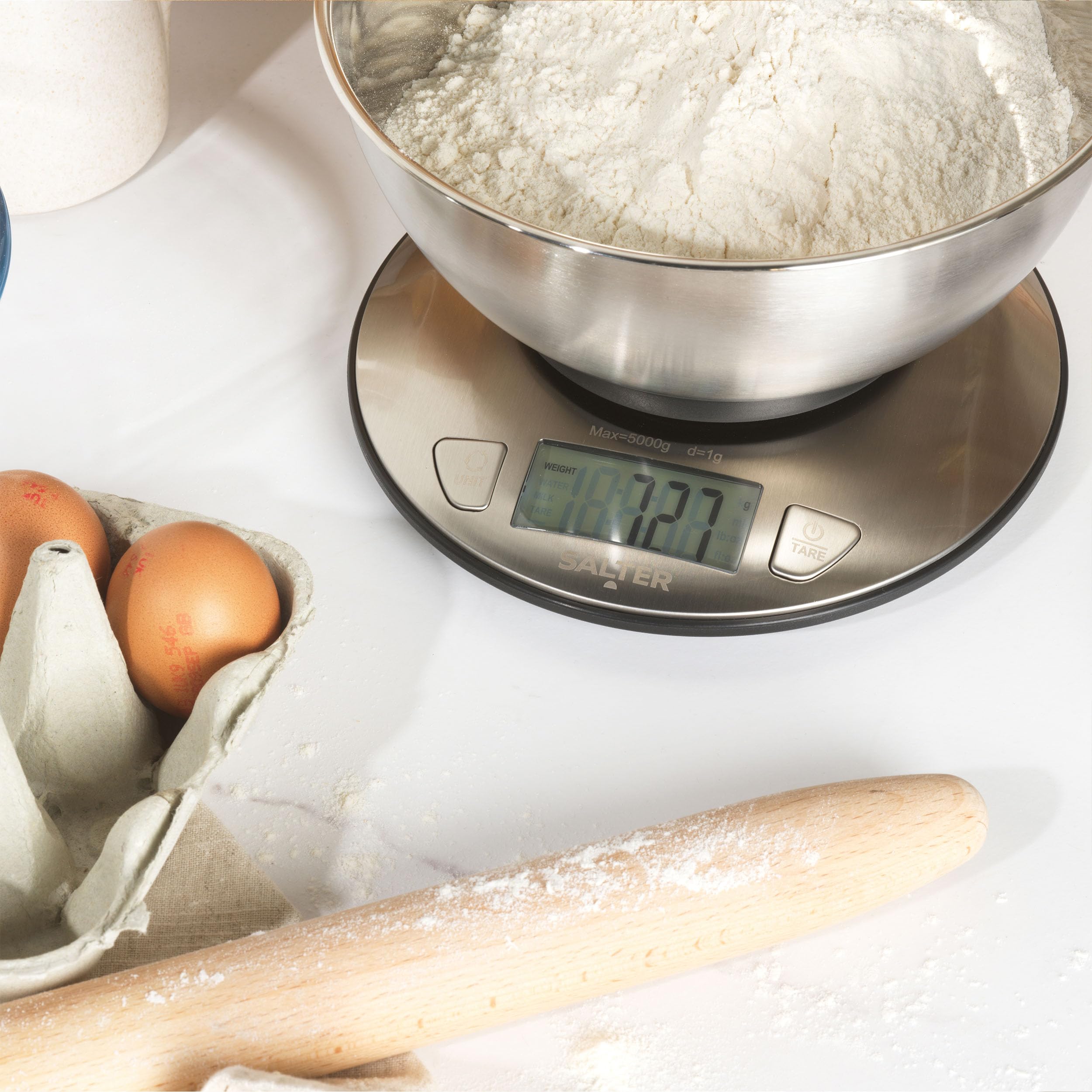 Salter Waga kuchenna z miską – wiele pomiarów, mierzy płyn, maksymalna pojemność 5 kg, stalowa miska 2 l, wyświetlacz LCD, stal nierdzewna, podwójne zastosowanie, idealna do pieczenia, gotowania,