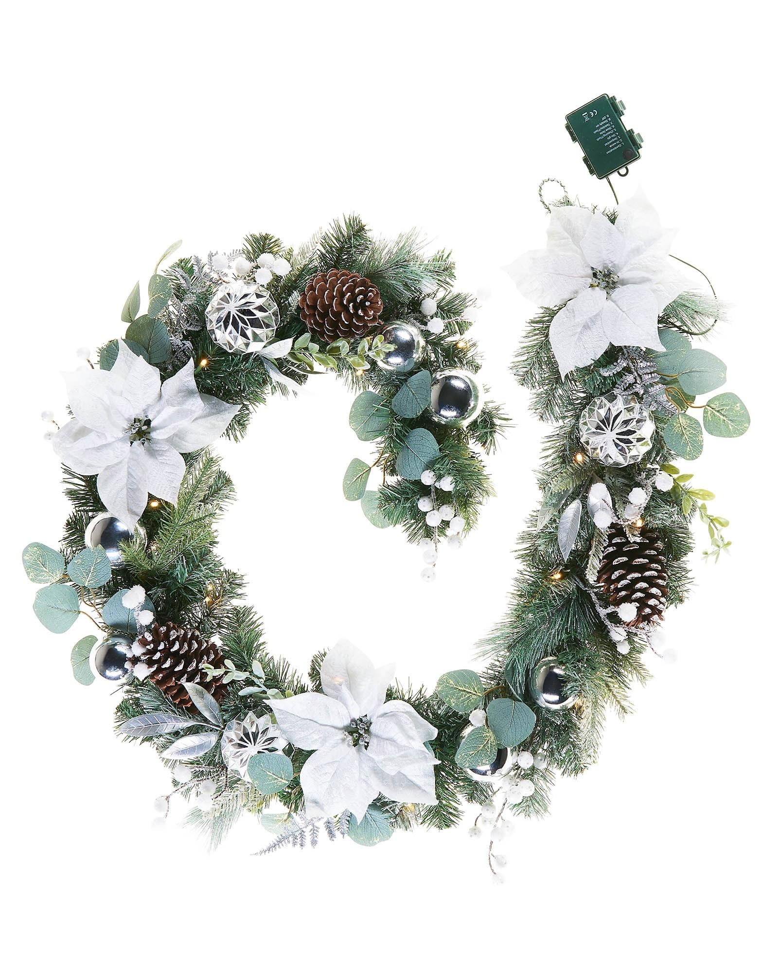 Pre-Lit Decorated Frosted Garland, White/Silver, 6 ft