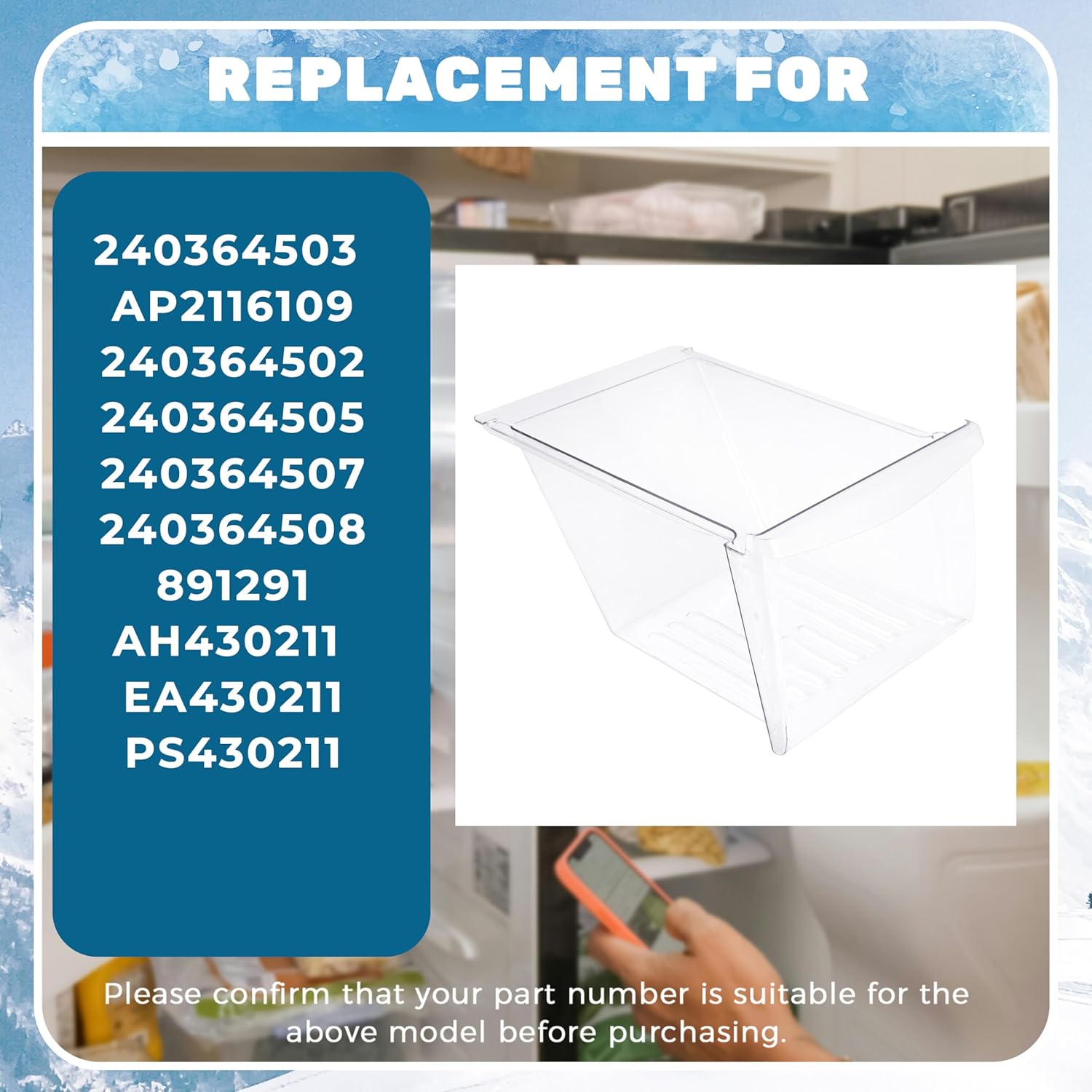 HECASA 240364503 Crisper Drawer Compatible with Frigidaire Refrigerator Freezer 240364502 240364505 240364507 Meat Pan Crisper Bin Plastic (PC) Replacement Only Clear