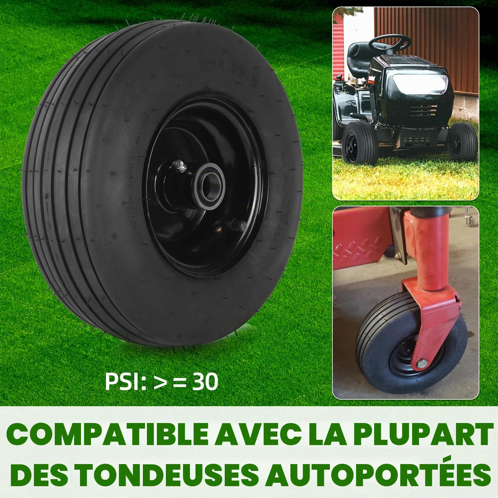AR-PRO Lot de 2 pneus et roues 11 x 4,00-5, pneu de tondeuse à gazon 11 x 4-5 (4 plis) et jante avec chambre à air, moyeu centré de 8,6 cm avec roulements de 1,9 cm, pneus universels pour tondeuse à