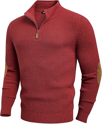 JMIERR Men's Waffle Knit Sweater Pullover Quarter Zip Suede Patch