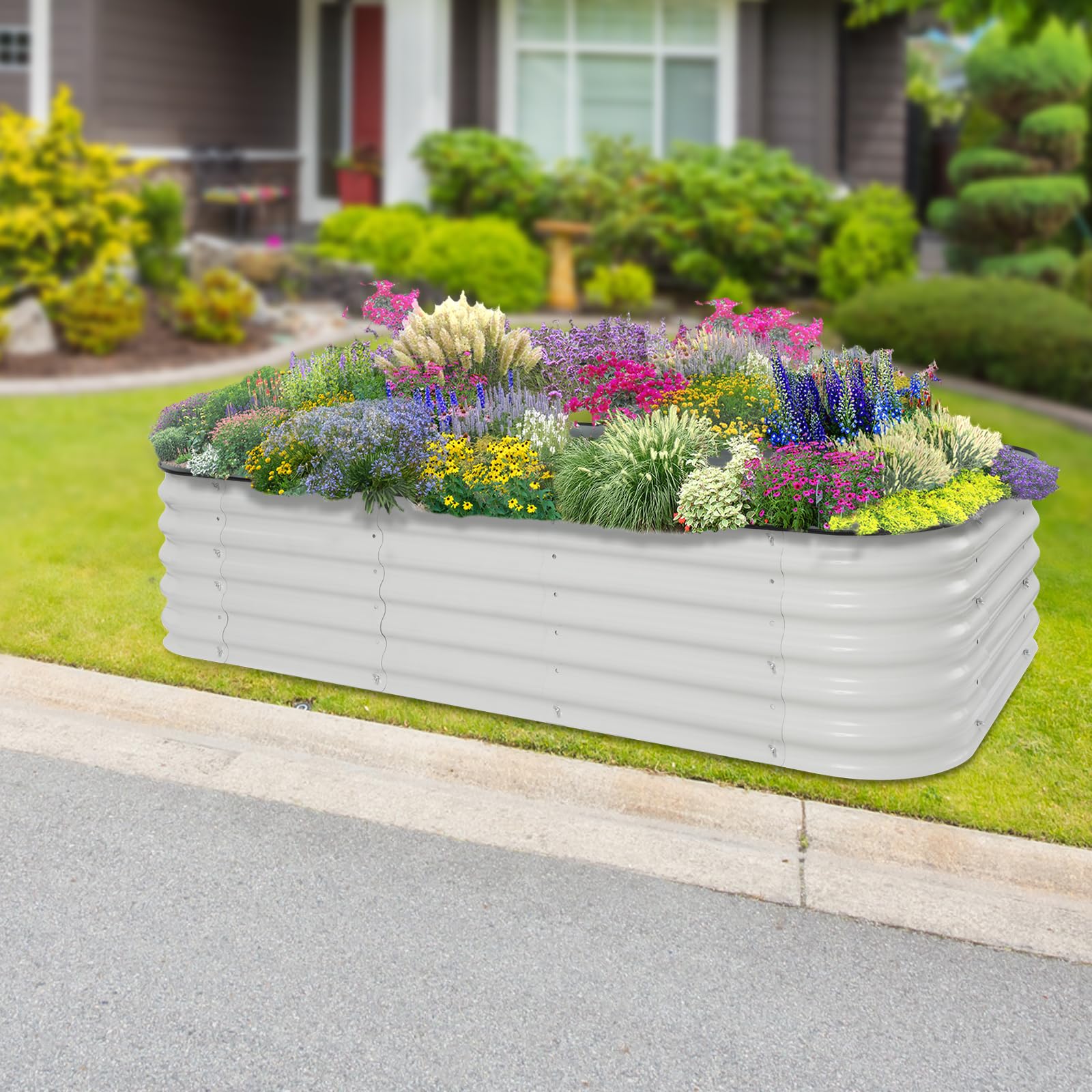 Jardinera elevada, bancal de jardín blanco, rectangular para balcón, terraza y jardín, duradero de acero galvanizado de aluminio, suelo abierto, gran volumen de plantación, con accesorios
