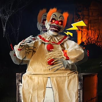 Halloween Animatronic Sitting Clown - Halloween Animated Decorations Sound Activated with Creepy Sound, Light Up Eyes, Scary Move, Haunted House Holiday Spooky Decor Horror Prop for Indoor Outdoor