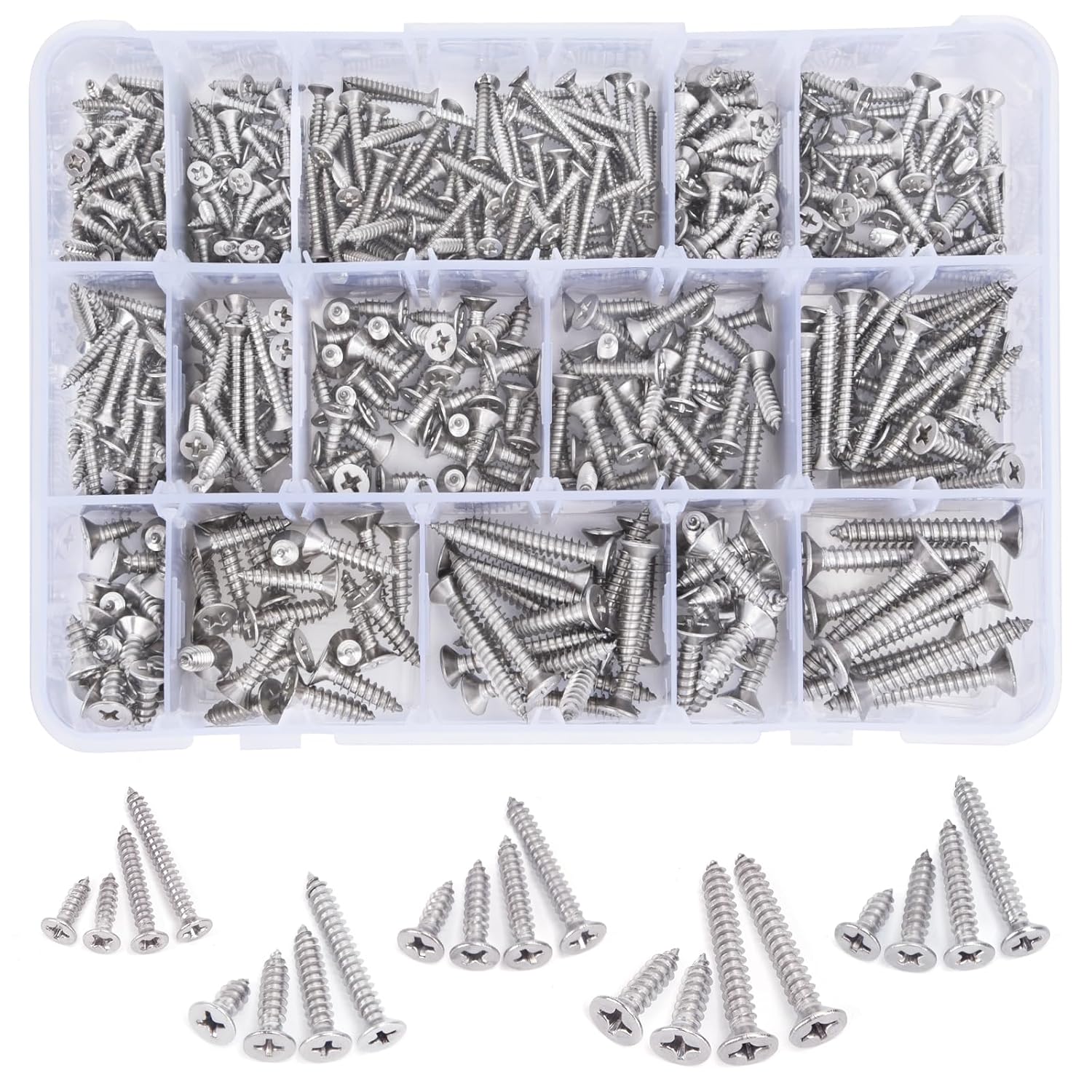 542PCS #4#6#8#10#12 Phillips Flat Head Screw Set Stainless Steel Wood Screws Assortment Kit, Assorted Sheet Metal Self Tapping Screws, 18-8(304) Stainless Steel (Flat Silver)