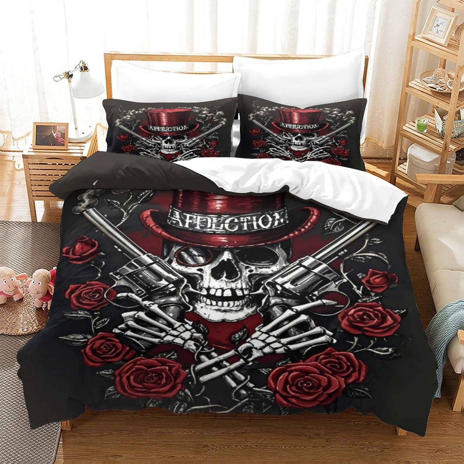 XiaopangXY Skeleton Killer Lovingly Quilt Cover Set Hidden Zipper Gothic Duvet Cover Set with Pillowcases Bed Linen Set Soft Microfiber Comforter Cover for Kids Adults Double（200x200cm）