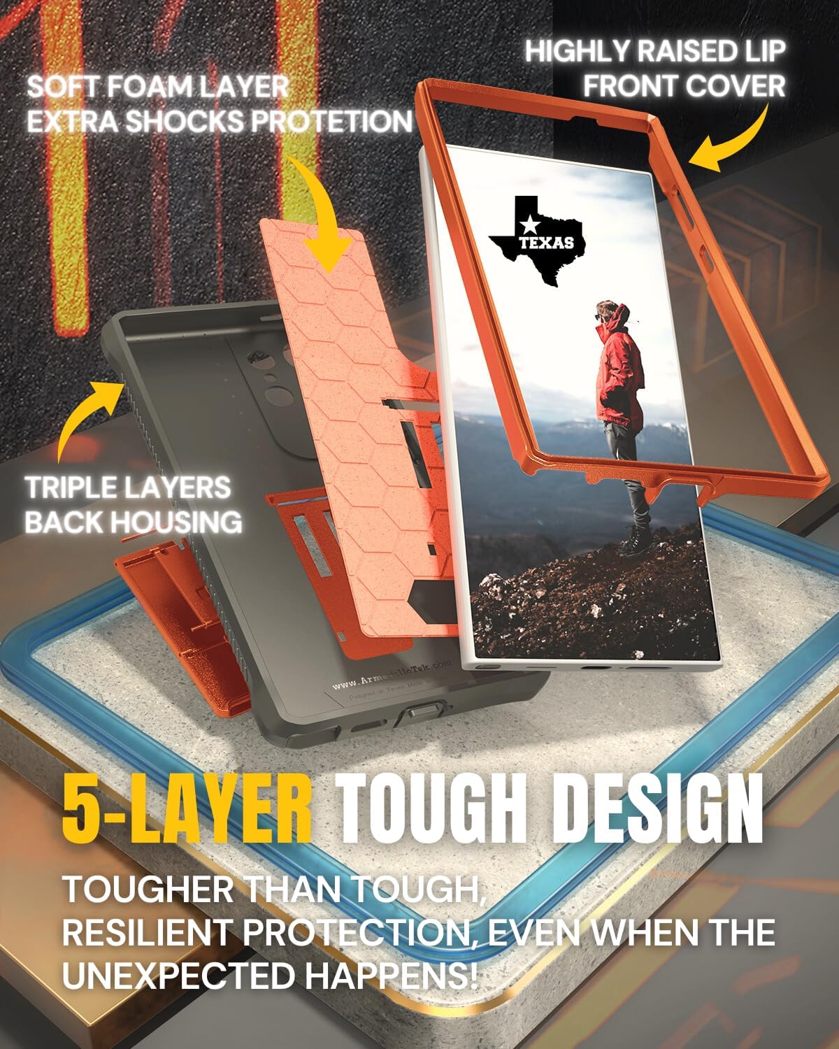 CaseBorne V Compatible with Samsung Galaxy S24 Ultra Case - [Extremely Rugged] [Military Grade 5-Layer Construction] with Built-in Stand - Orange/Gray
