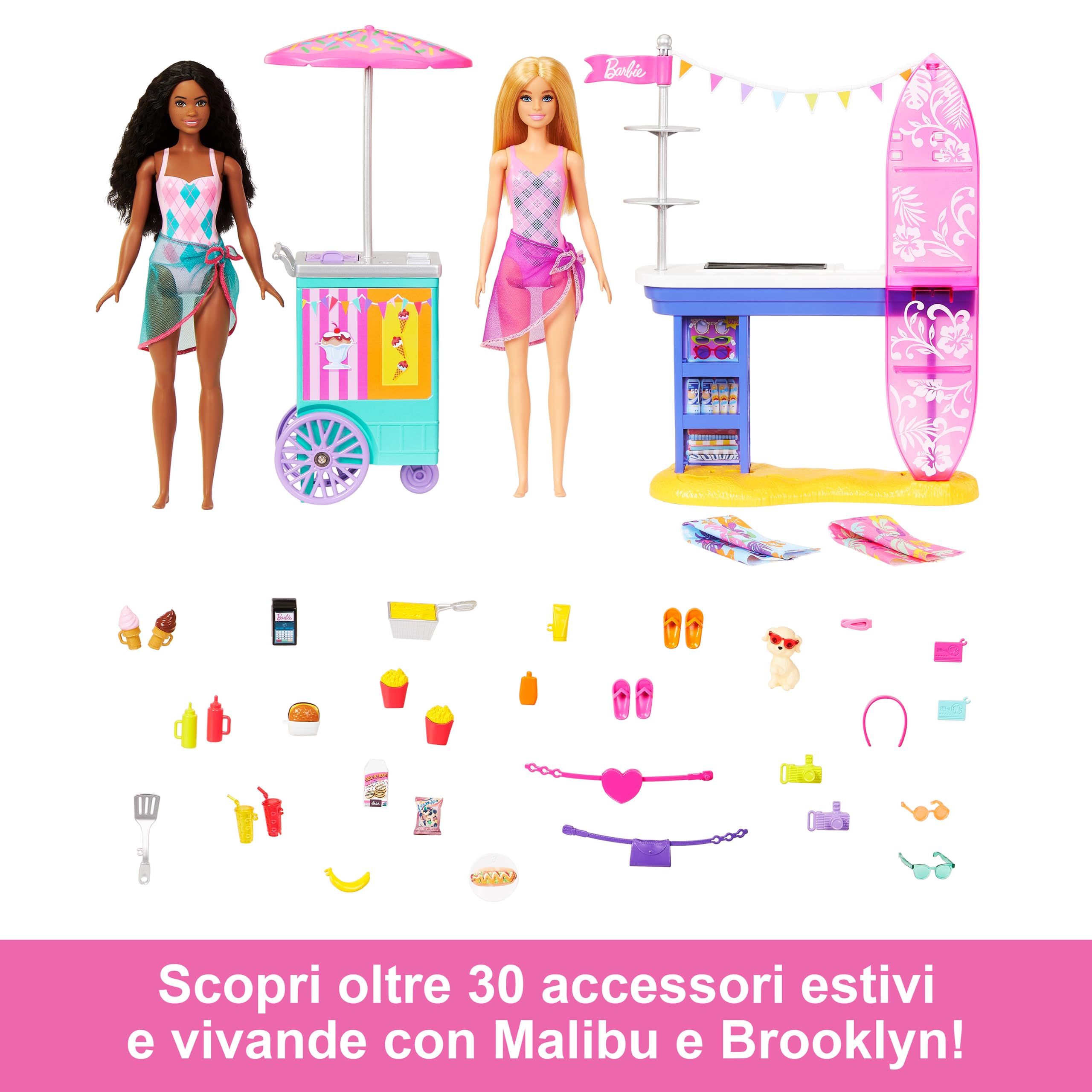 Barbie - Passerella sulla Spiaggia, playset con bambole Brooklyn e Malibu, un chiosco, un punto di ristoro, un cucciolo e 30+ accessori inclusi, giocattolo per bambini, 3+ anni, HNK99