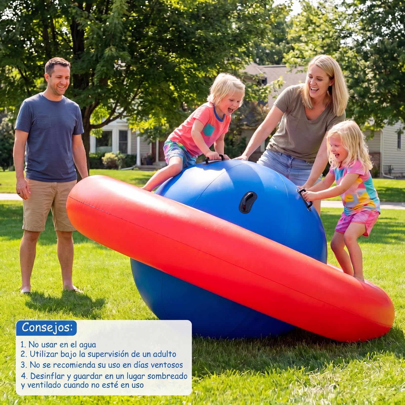 COSTWAY Balancín Inflable para Niños Mayores de 5 Años, 223 x 123 cm con 6 Asas Incorporadas, Balancín Inflable con Cúpula (Rojo)