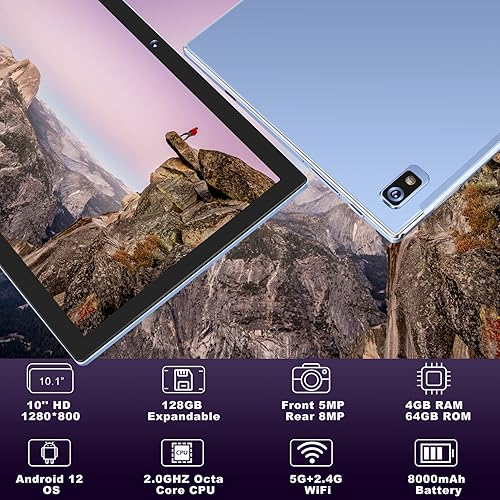 Miniatura 5 de AOCWEI Tablet Android 12, tabletas 2 en 1 de 10 pulgadas con Wi-Fi 5G+2.4G, CPU Octa-Core 2.0GHZ, 4GB RAM 64GB ROM, teclado, funda, auriculares,