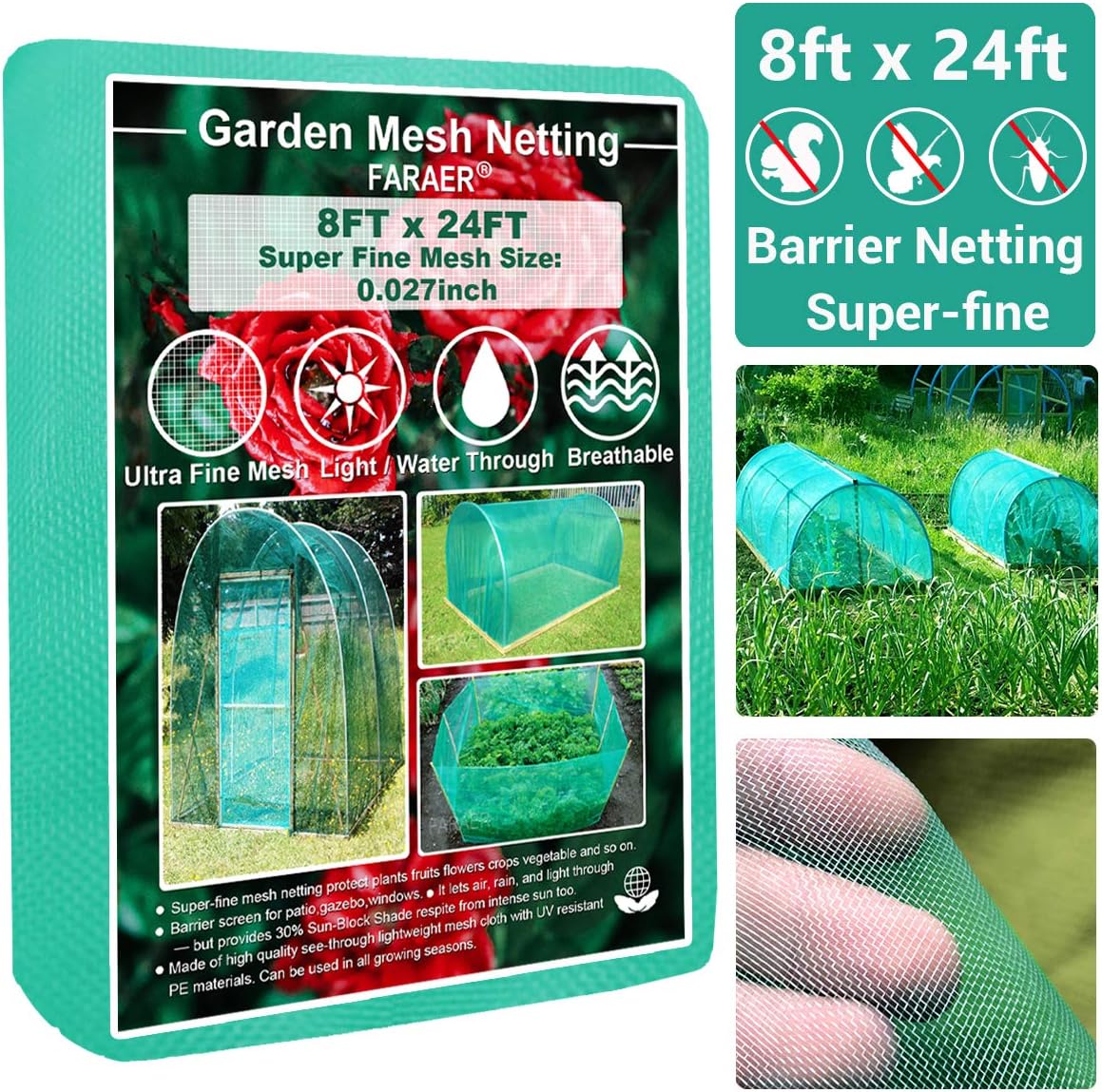 Garden Barrier Netting, Plant Covers 8x24ft Extra Fine Mesh 30 Sun Net Green