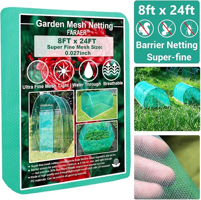 Garden Barrier Netting, Plant Covers 8x24ft Extra Fine Mesh 30 Sun Net Green
