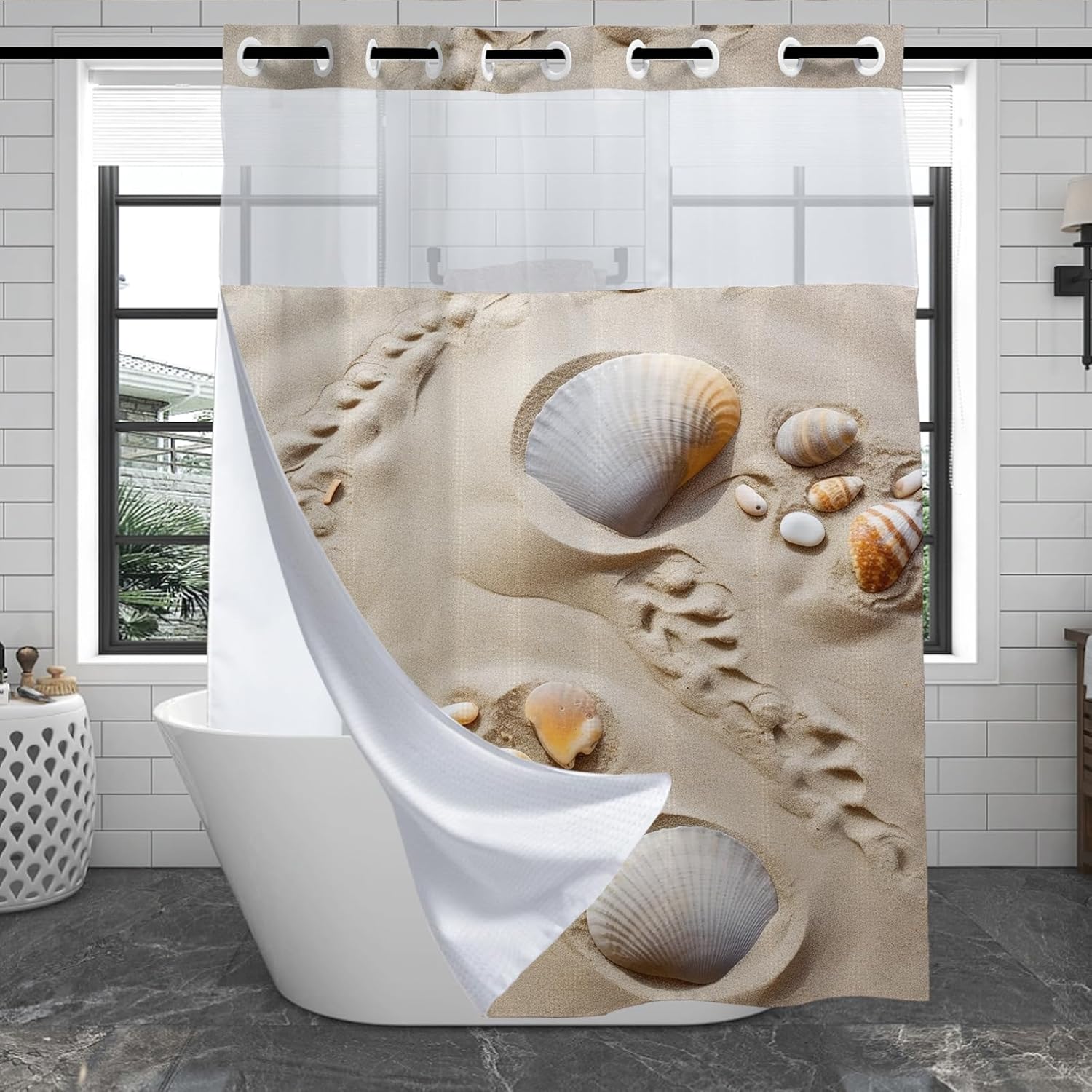 Seashell Beach Shower Curtain for Bathroom, Waterproof Waffle Aesthetic Coastal Shower Curtain with Snap in Fabric Liner Set, Heavy Duty Bath Curtains Hotel Spa Luxury Polyester 72Wx74H No Hook
