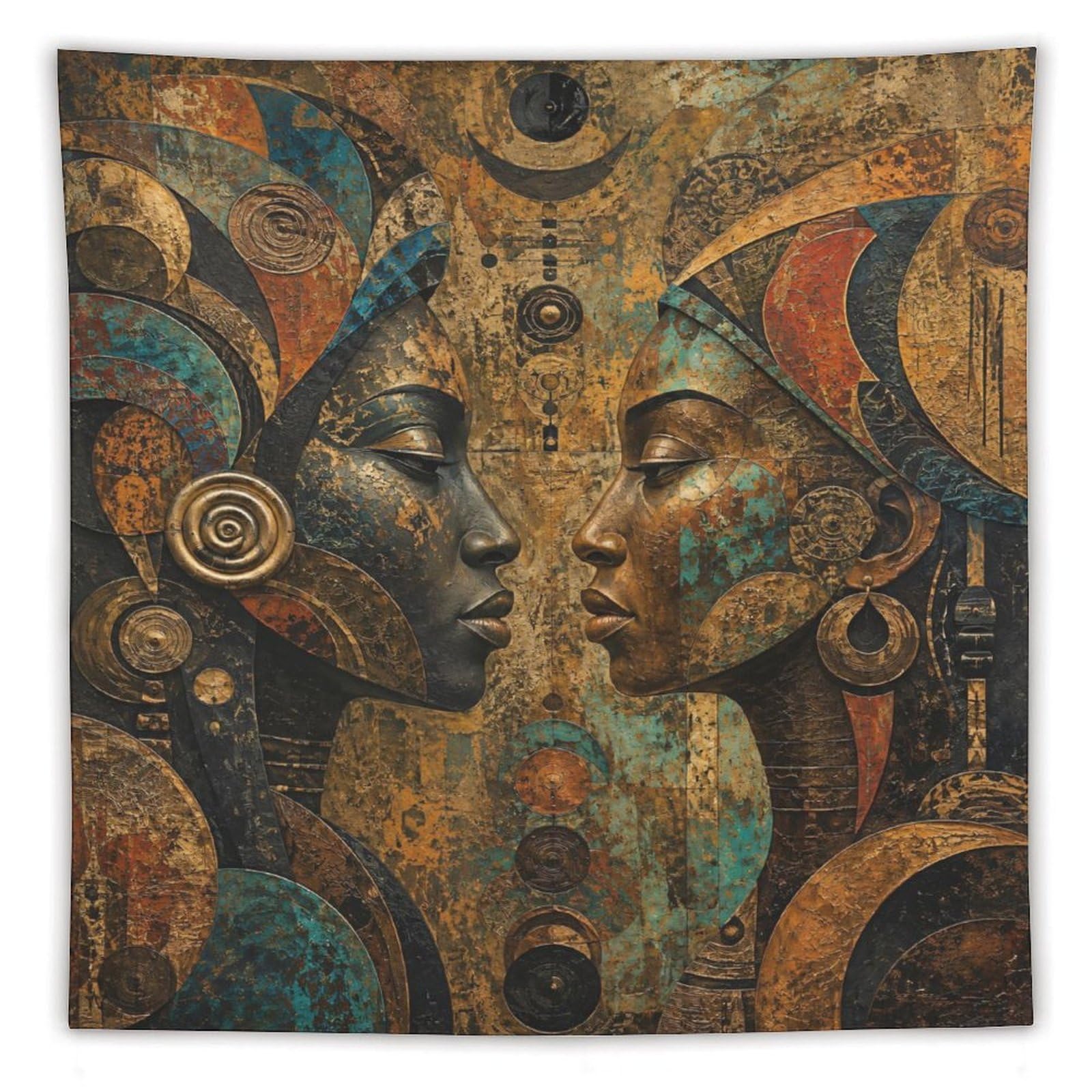H3B8U2Y5 Abstract African Faces Wall Tapestry, Detailed Illustration Style