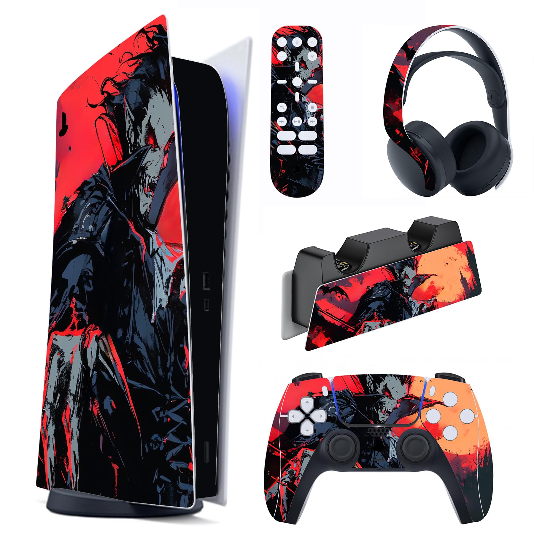 PlayVital Full Set Skin Decal for ps5 Console Digital Edition, Sticker Vinyl Decal Cover for ps5 Controller & Charging Station & Headset & Media Remote - Blood Moon Vampire