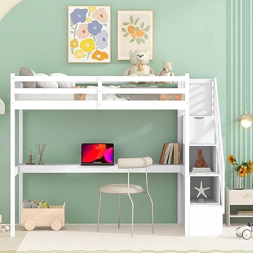 Miniatura 9 de CITYLIGHT Cama tipo loft de tamaño individual con escaleras y escritorio cama tipo loft de madera individual con escalera de almacenamiento cama