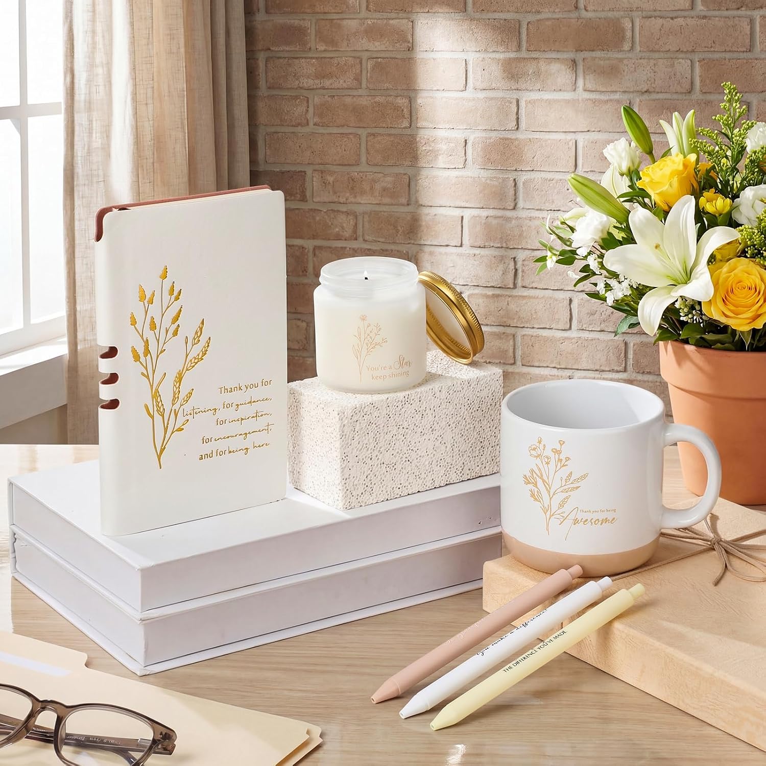 Didaey 7 Pcs CNA Week Gifts Bulk 2026 Teacher Appreciation Gifts Thank You for Women Men Coworker Thank You for Being Awesome Journal Mug Candle Pens for Staff Nurse Graduation (Beige)
