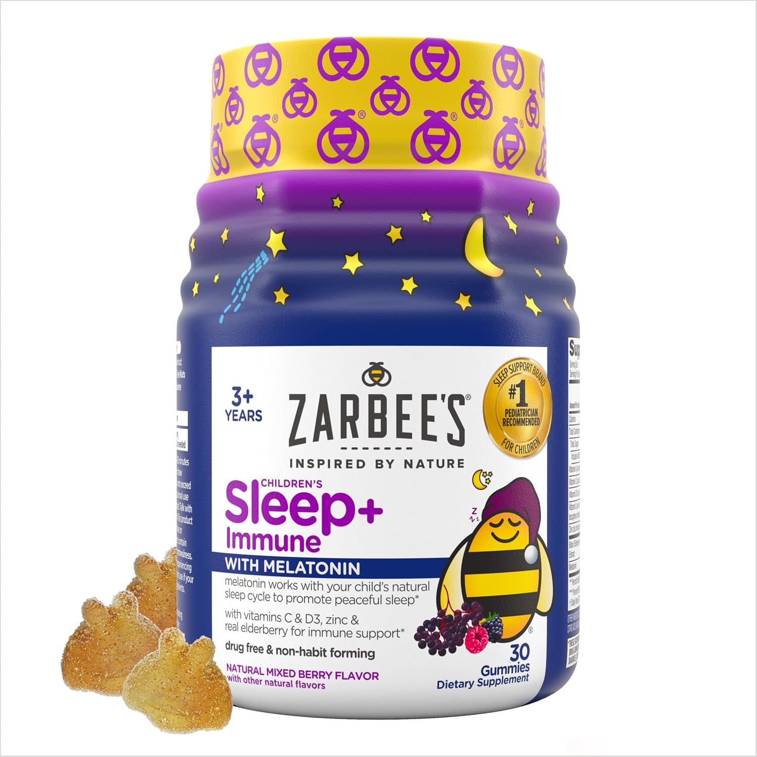 Zarbee's Children's Sleep + Immune + Melatonin Gummies, Berry, 30 ct | For Kids Ages 3+ Years, Sleep Aid Supplement, Immune Support, Vitamins C D Zinc & Elderberry, Drug-Free, Natural Berry Flavor