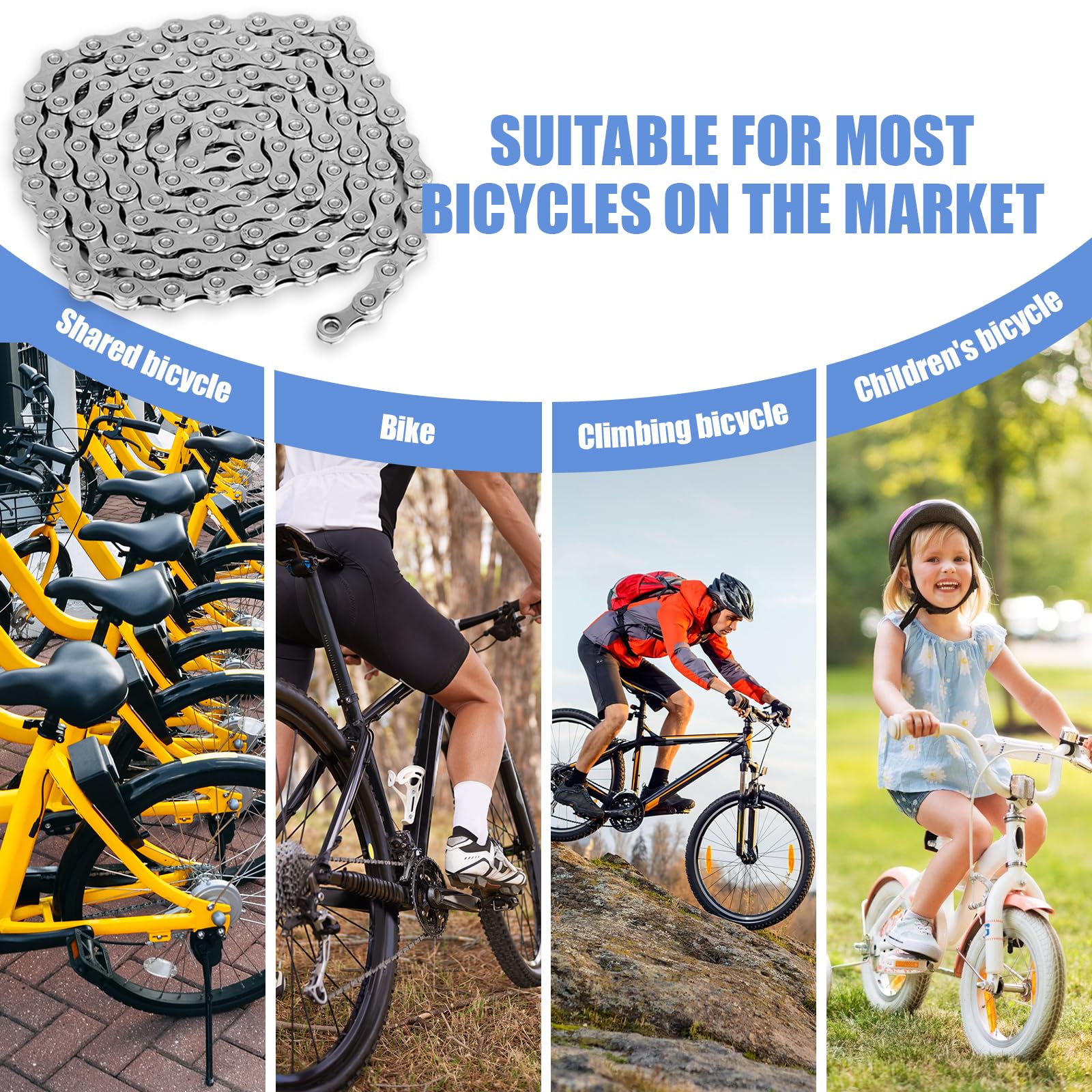 Cadena Bicicleta 10 Velocidades, 1/2 x 11/128 Pulgadas, Acero Especial, Plata, Cadena de Eslabones para Mountain Bike, Sportbike, Cadena Duradera Compatible con Varios Tipos de Bicicletas