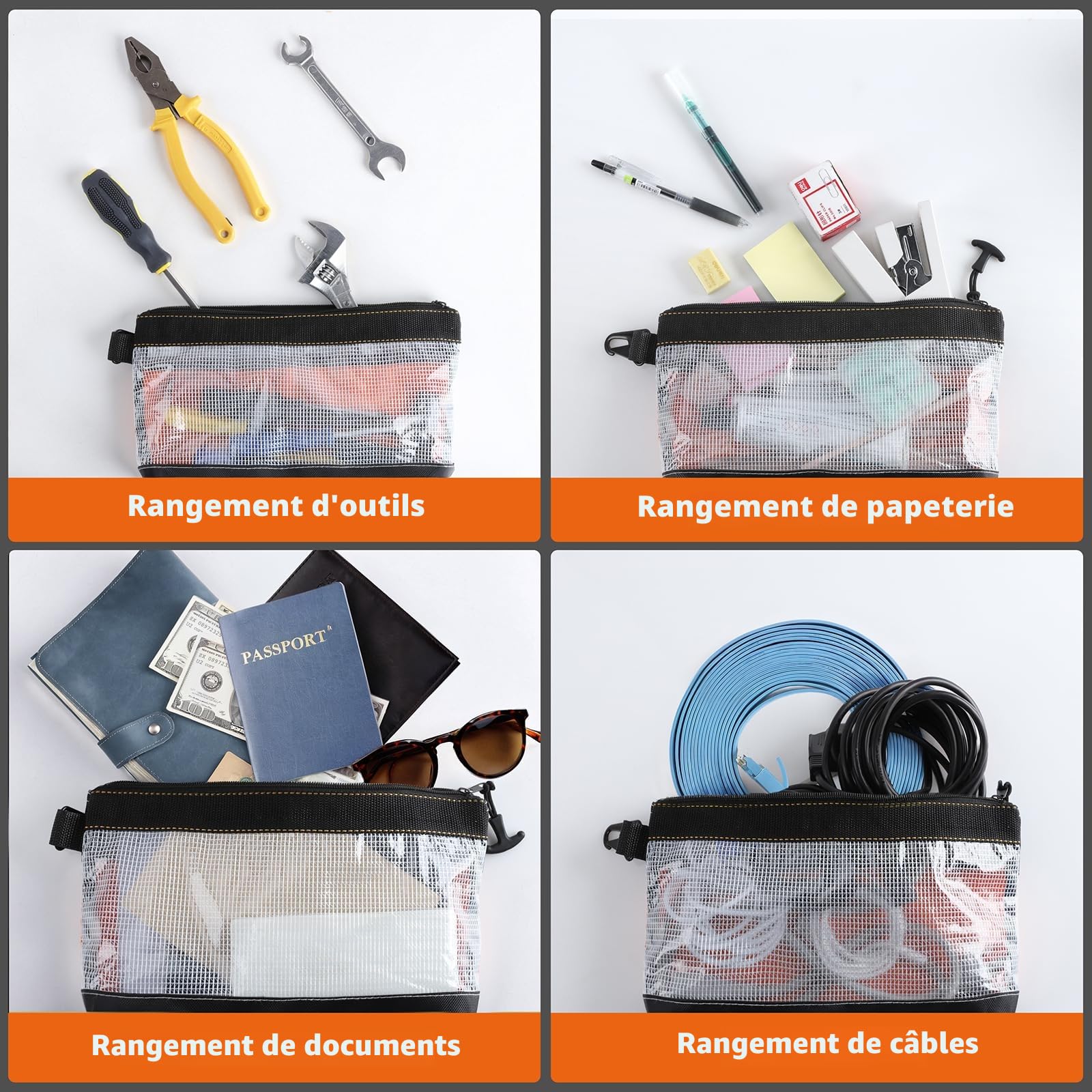 FRETONBA Pochette Zippée, 4 Pièces Sac a Outils Matériau Pvc Transparent, Rangement Outils Étanche Et Antistatique, Trousse Outils Crochet En Métal, Sacoche Outils Avec Fermeture Éclair
