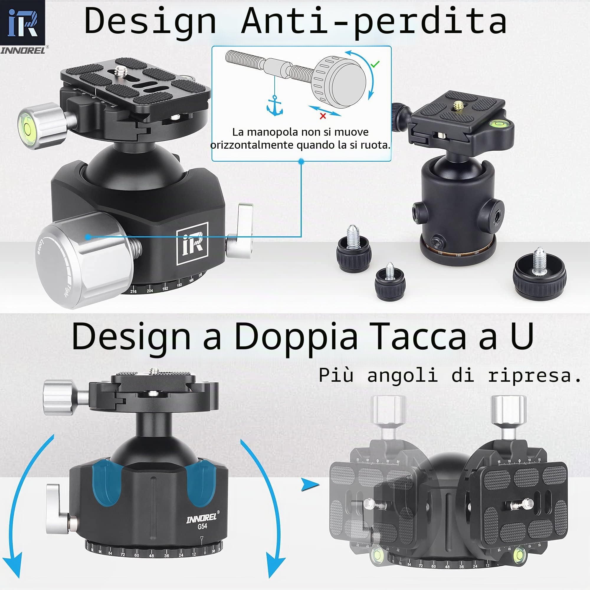 Testa a sfera per treppiede a basso profilo-INNOREL G54 Testa a sfera panoramica per treppiede per fotocamera in metallo CNC con piastra a sgancio rapido Arca Swiss da 1/4" Carico massimo 30 kg