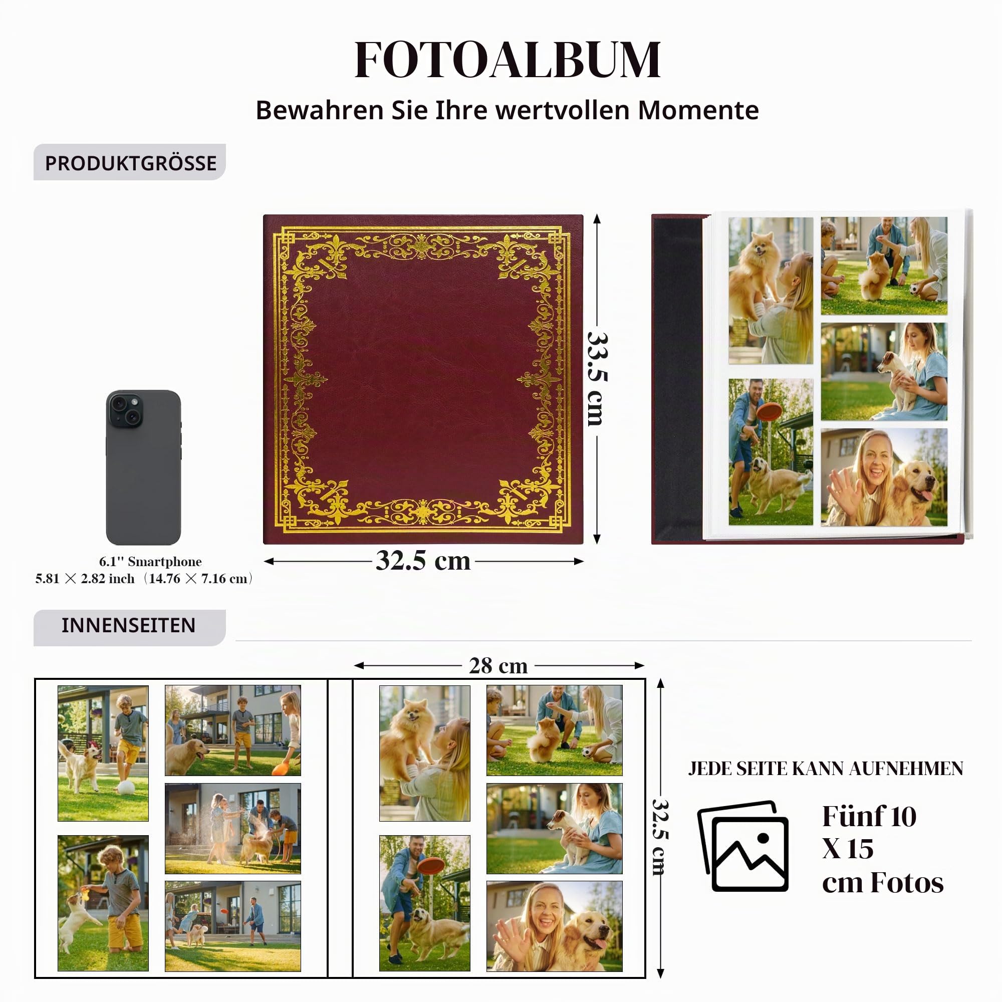 Vienrose Selbstklebendes Fotoalbum, 120 Seiten, 32,5x33,5 cm, Rot | Fotoalbum zum Selbstgestalten, Vintage Erinnerungsalbum, Kunstleder DIY Album, Familienfotos Hochzeit