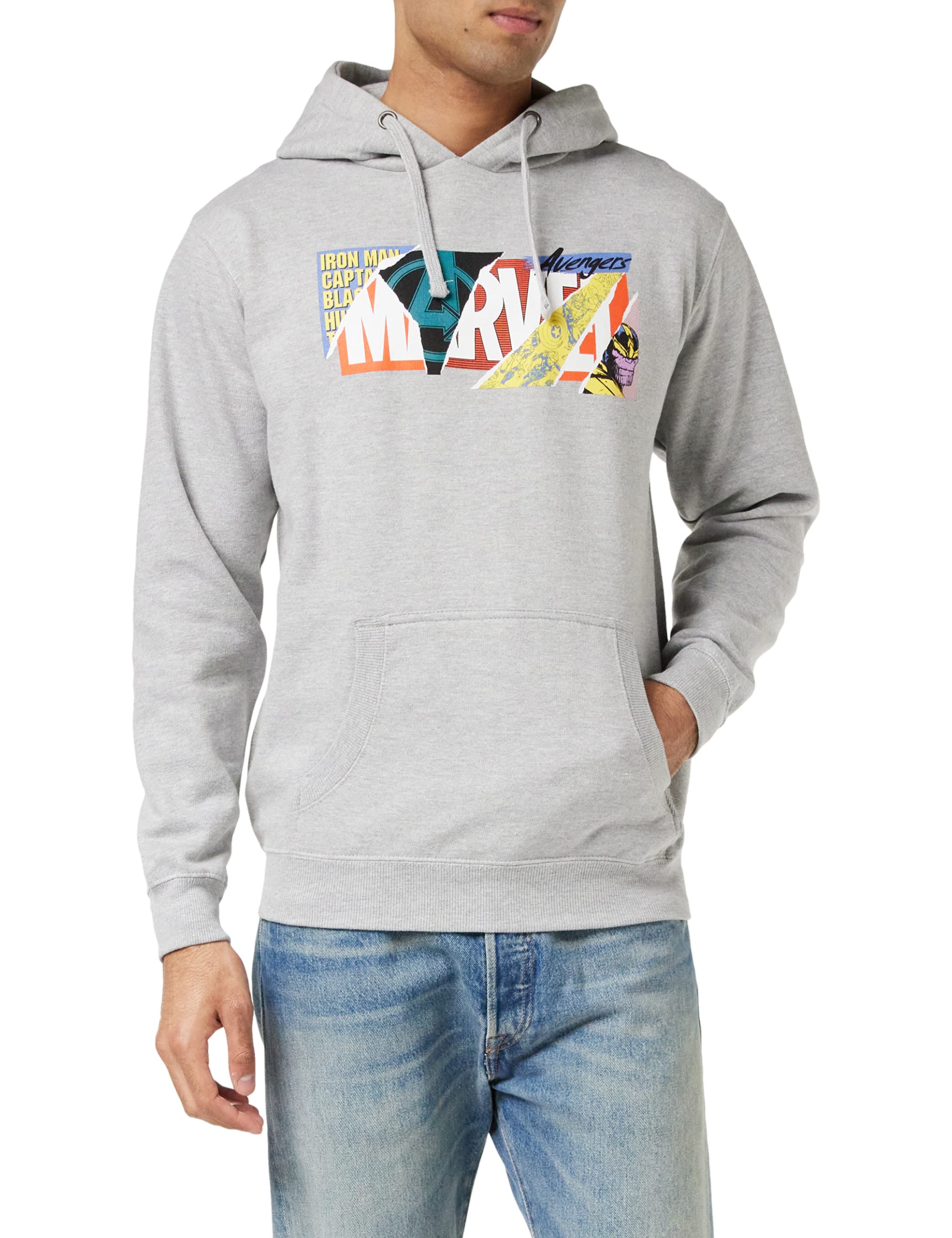Marvel Men's Grey Heather Scrapbook Logo Hooded Sweatshirt, S Uk
