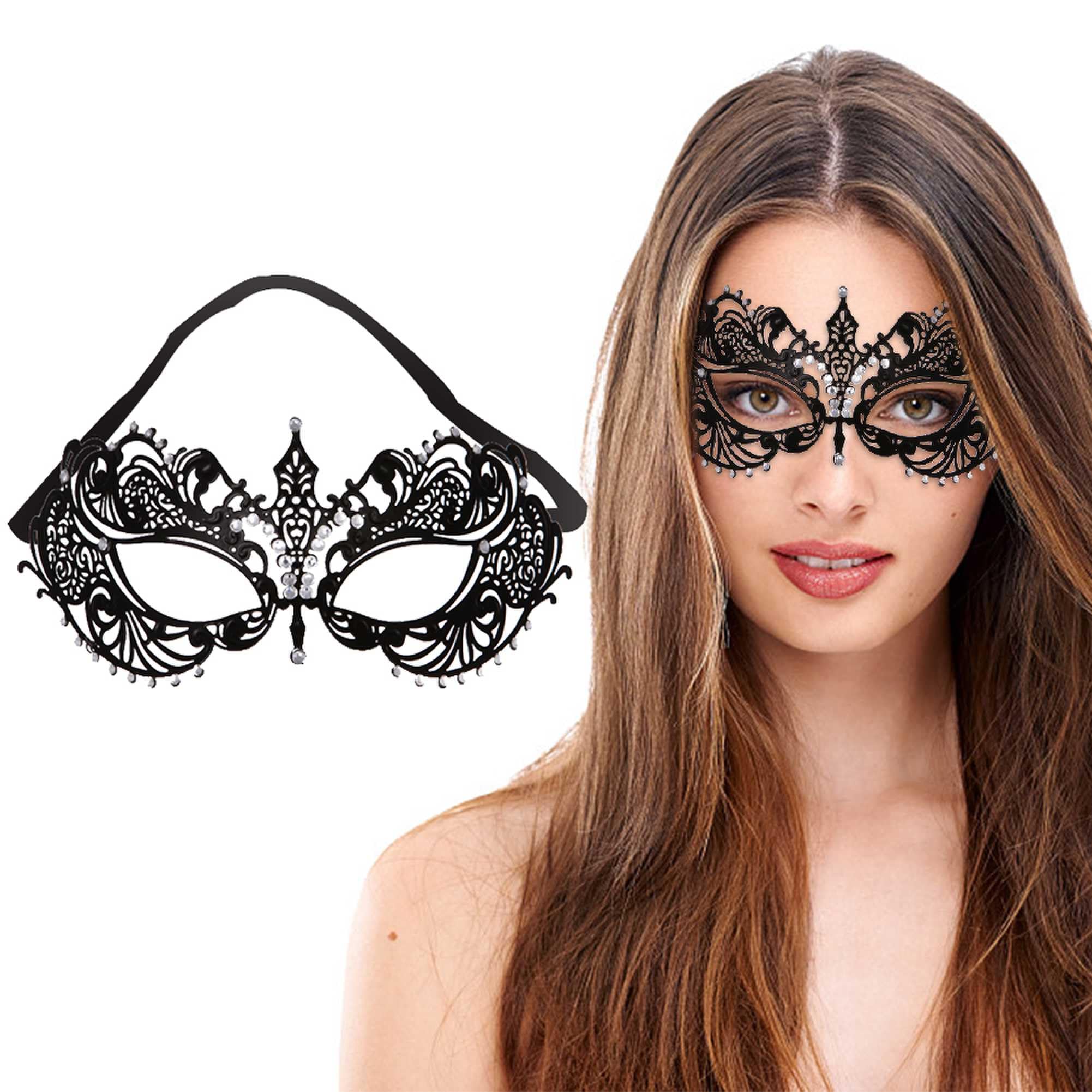Masquerade Mask for Women Venetian Style Diamante Metal Filigree Masks Costume Masked Ball Fancy Party, Black