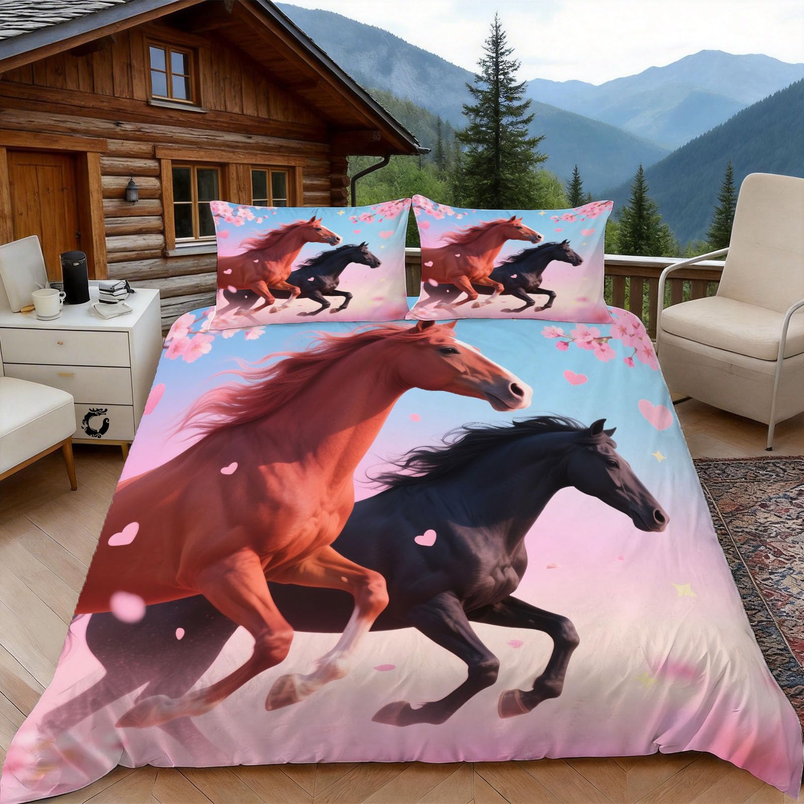 3D Double Duvet Set 3D Printed Horses Steed Pattern Bedding, Love Heart Soft Microfibre Duvet Cover Sets Quilt Cover and Pillow Set with Zipper 3 Pcs