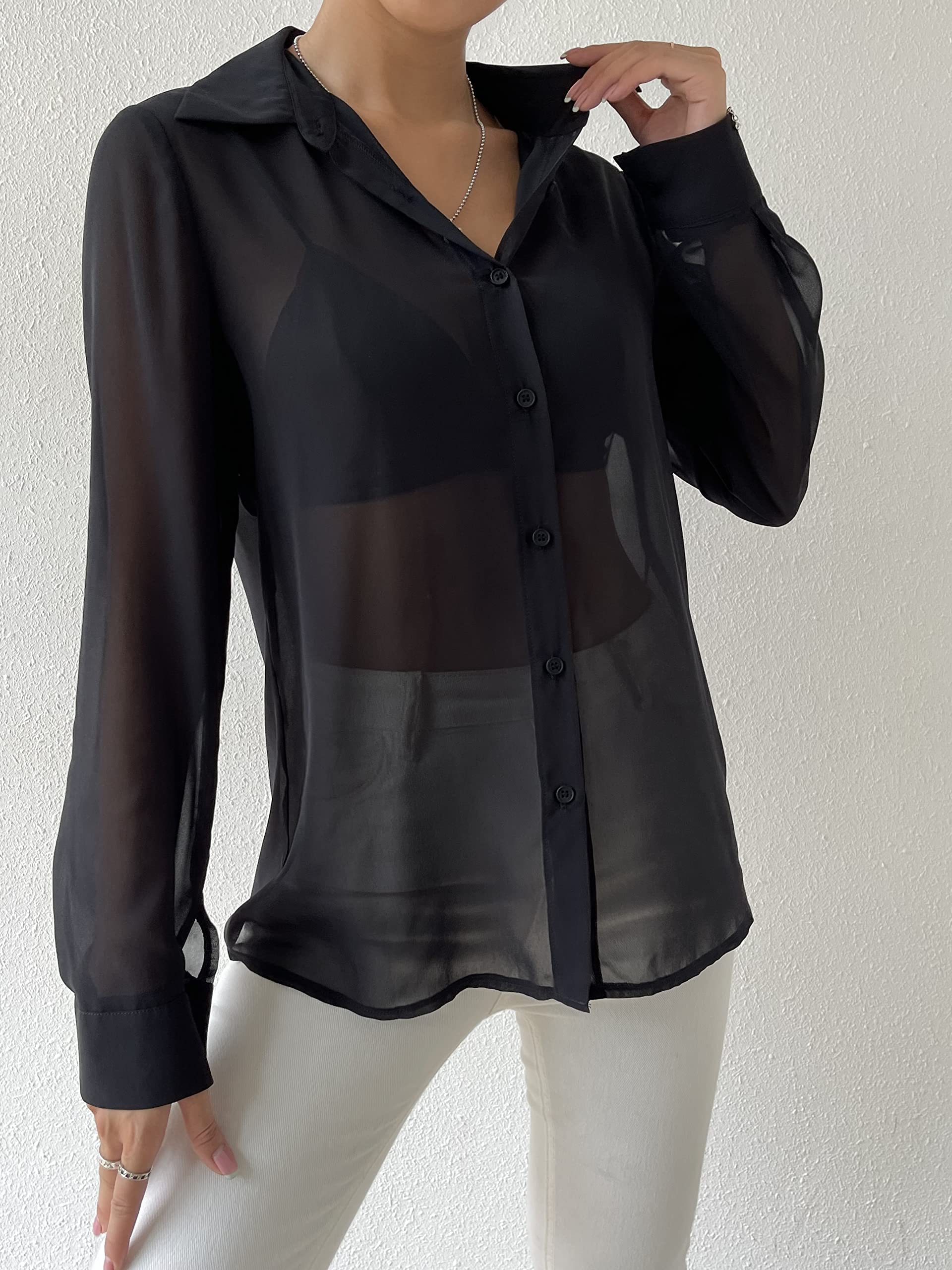 Verdusa Women's Sheer Mesh Button Up Shirt Long Sleeve See Through Blouse: X-Small Black