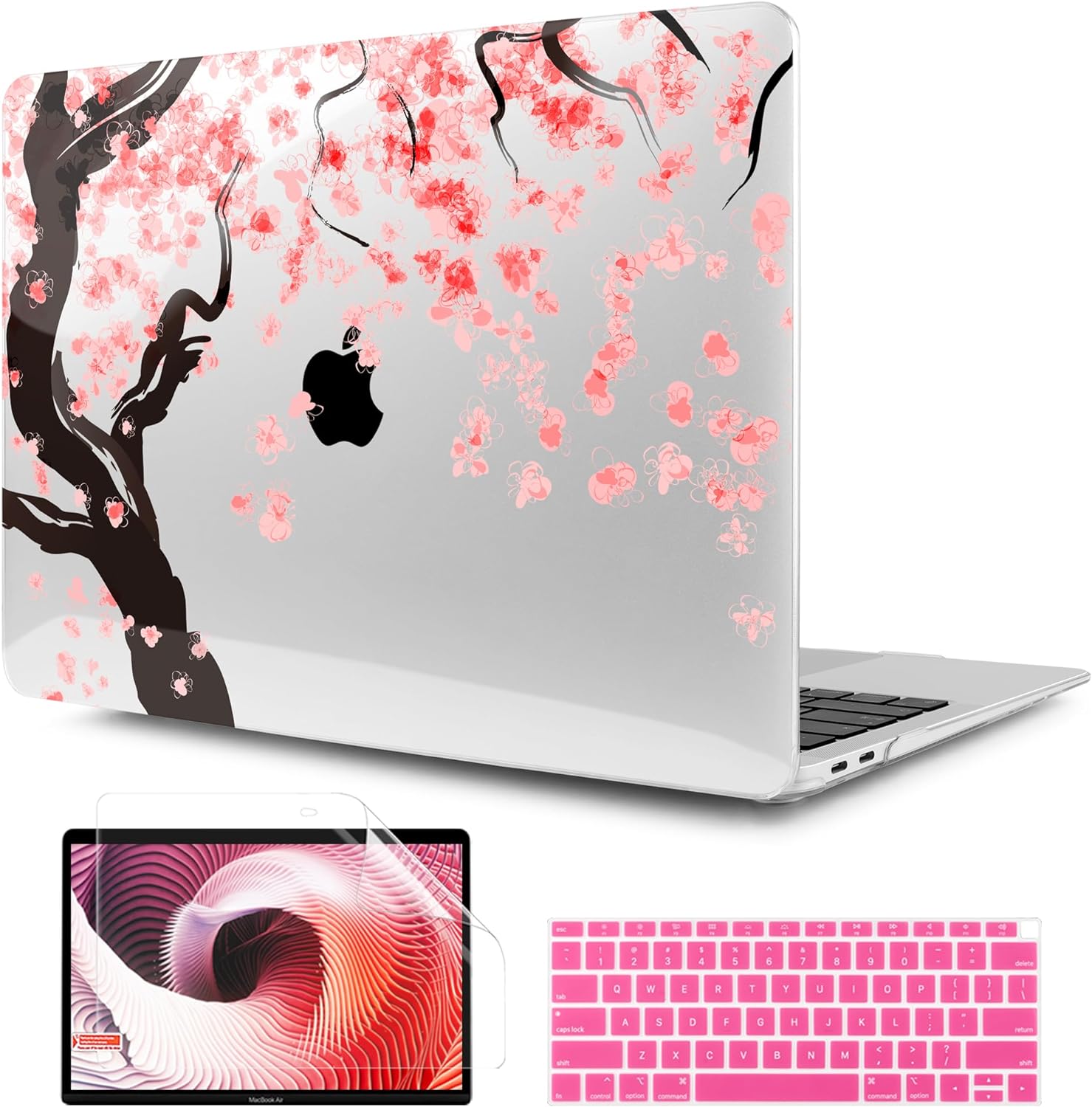TWOLSKOO Cover for MacBook Air 13 inch 2021 2020 2019 2018, Cherry Blossoms Printed Hard Shell Case & Keyboard Skin & Screen Protector for MacBook Air 13 A2337 M1 A1932 A2179