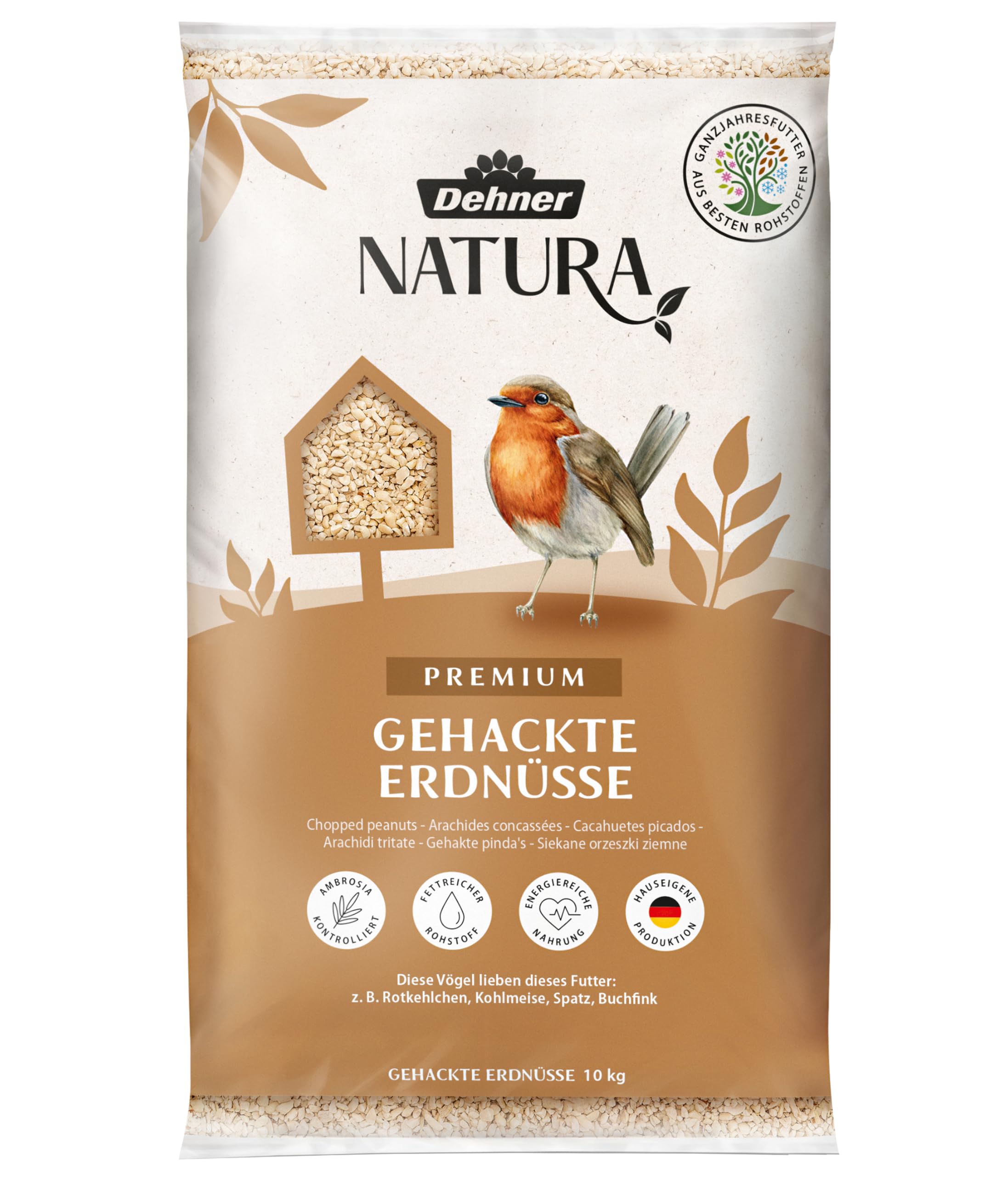 Dehner Natura Premium Wildvogelfutter, gehackte Erdnüsse schalenfrei, Ganzjahresfutter proteinreich / energiereich, hochwertiges Vogelfutter für Wildvögel, 10 kg