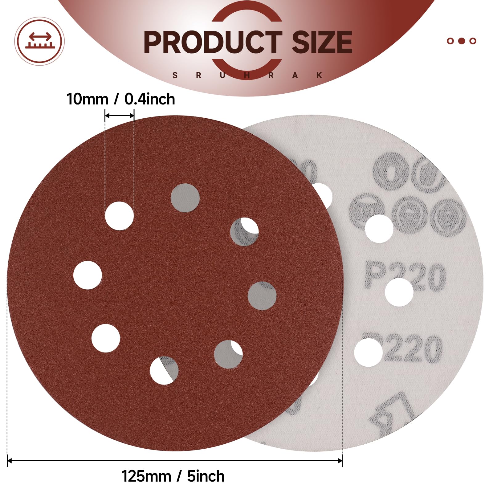 Sruhrak 100 Pezzi Rotonda Dischi Abrasivi 220 Grana, 125mm Tamponi di Levigatura a 8 Fori da Carta Vetrata per Levigatrice Orbitale