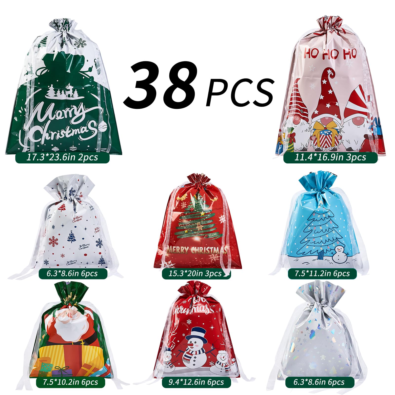 sishunhang 38PCS Christmas Gift Bags, Assorted Sizes Bulk S/M/L, Waterproof Holiday Gift Wrap with Drawstring,Gift Sacks,Gift Wrap Bags,Gift Bags For Presentsgift (38)