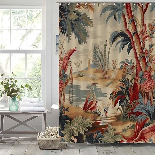 Miniatura 423 de Cortinas de ducha de baño con ganchos, 72 x 92 pulgadas, cortina de ducha de tela impermeable con diseño de flores y pájaros, cortina de ducha