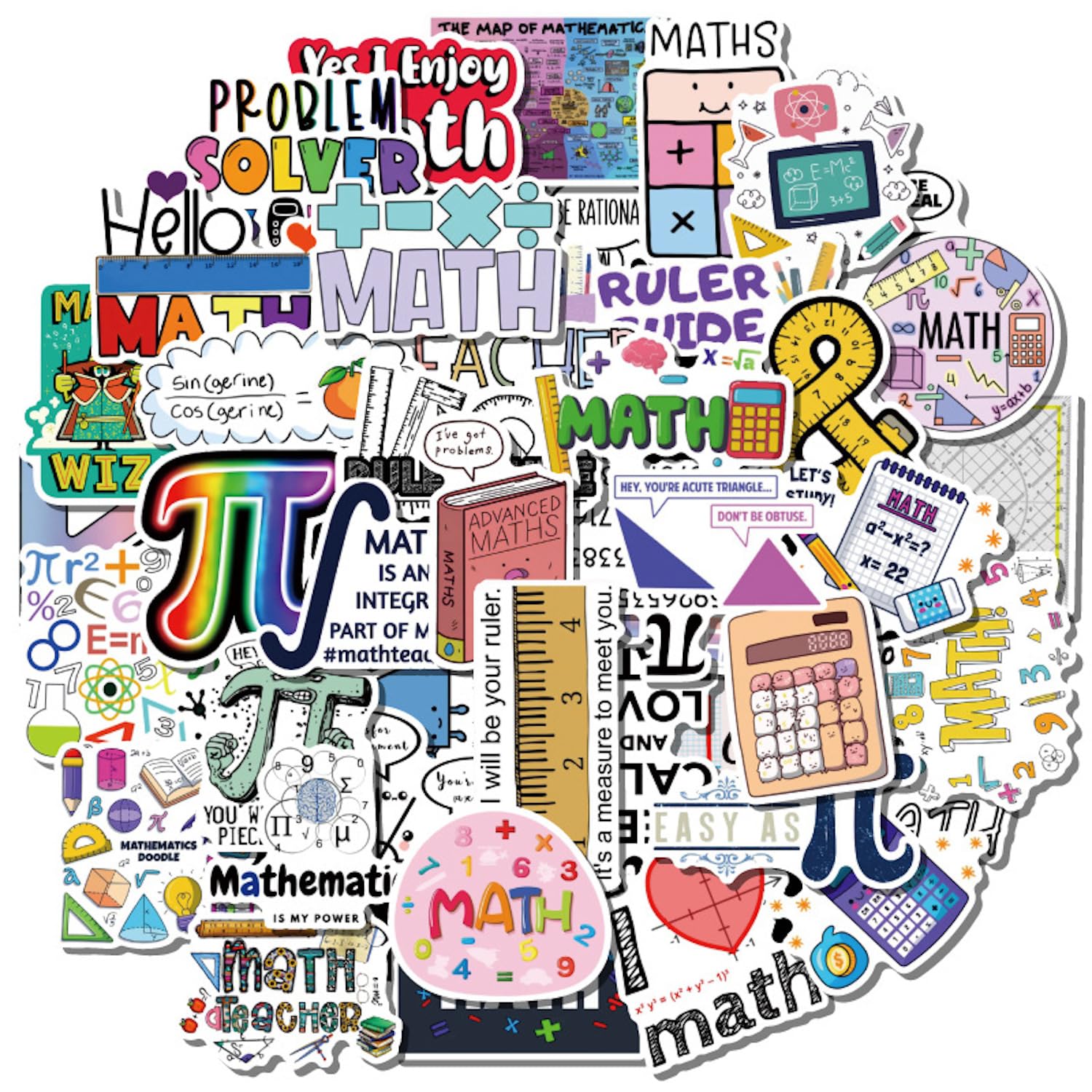 50Pcs Cool Math Stickers - Waterproof Vinyl Stickers for Teen Student, Laptop, Skateboard, Scrapbook, Water Bottle, Guitar, Phone, Notebook
