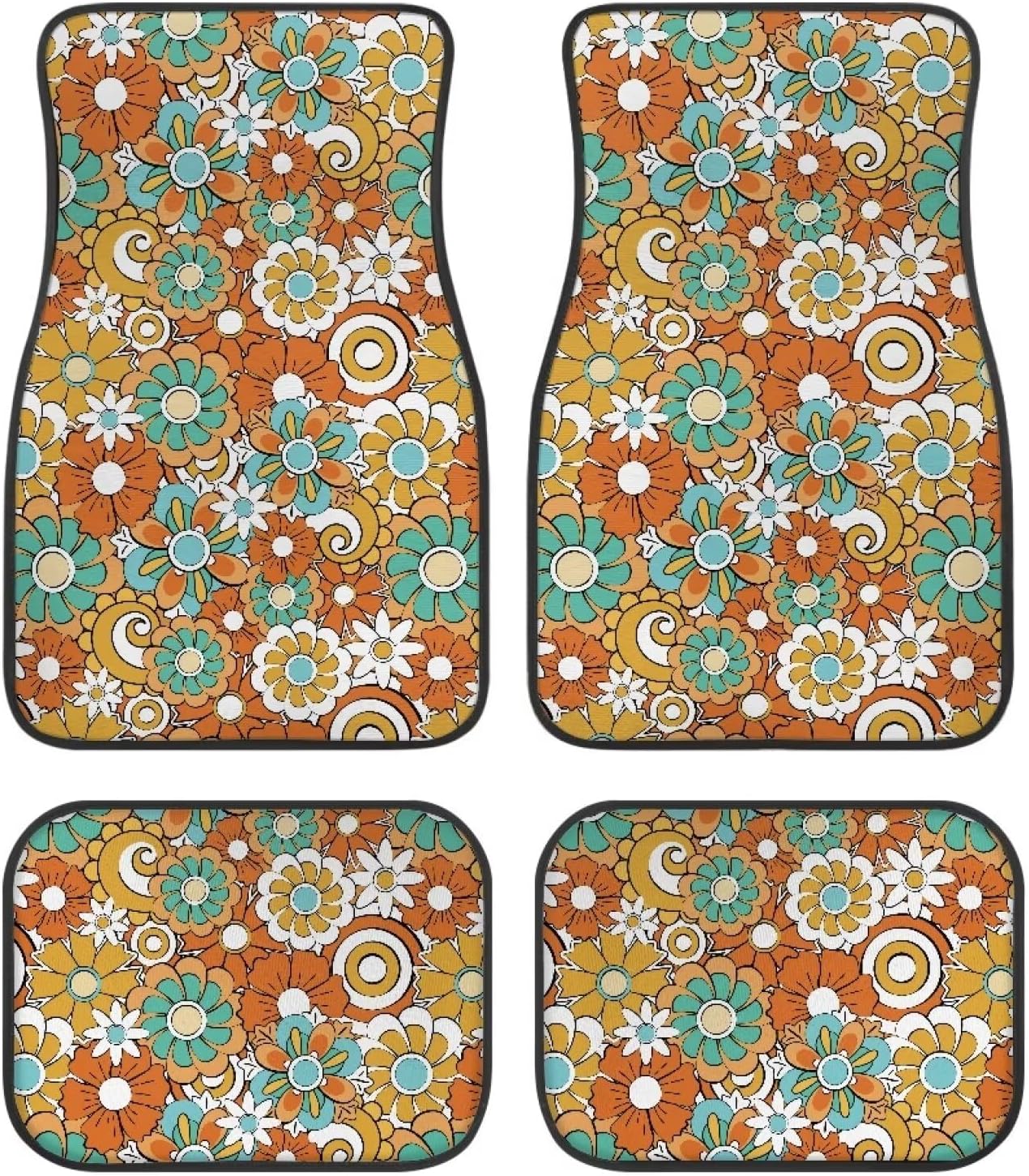 Hippie Flower Print All Weather Car Floor Mats Front Rear Rows Absorbent Quick Dry Easy to Clean
