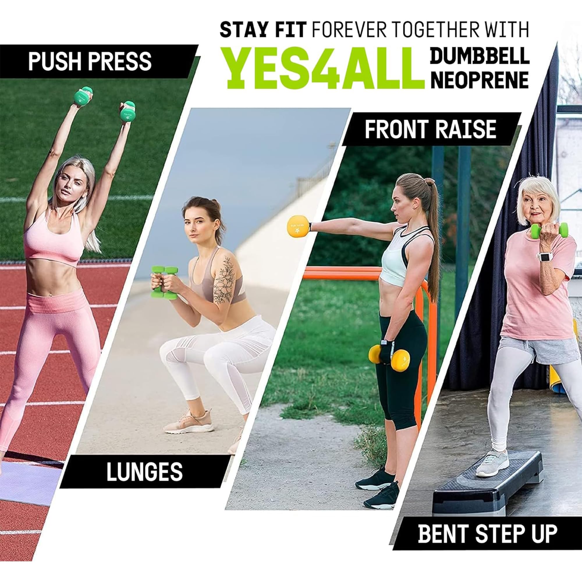 Yes4All Neoprenbeschichtete Hantel-Sets – mehrere Gewichtsoptionen mit Gestell, Anti-Roll, rutschfest, sechseckige Form