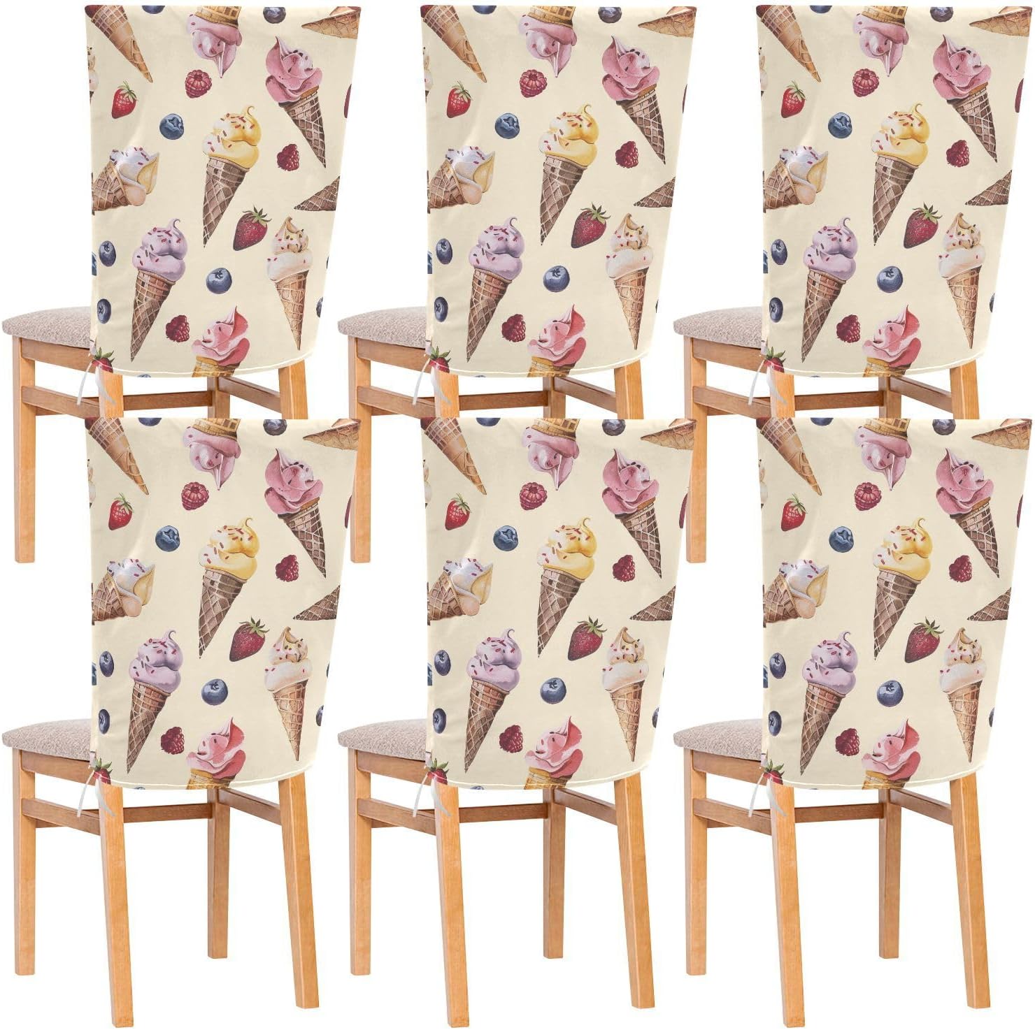 ALAZA Vintage Ice Cream Blue Berries Chair Back Cover Set of 6, Washable Reusable Removable Chair Slipcovers Decorative Chair Cover for Home Kitchen Wedding Party