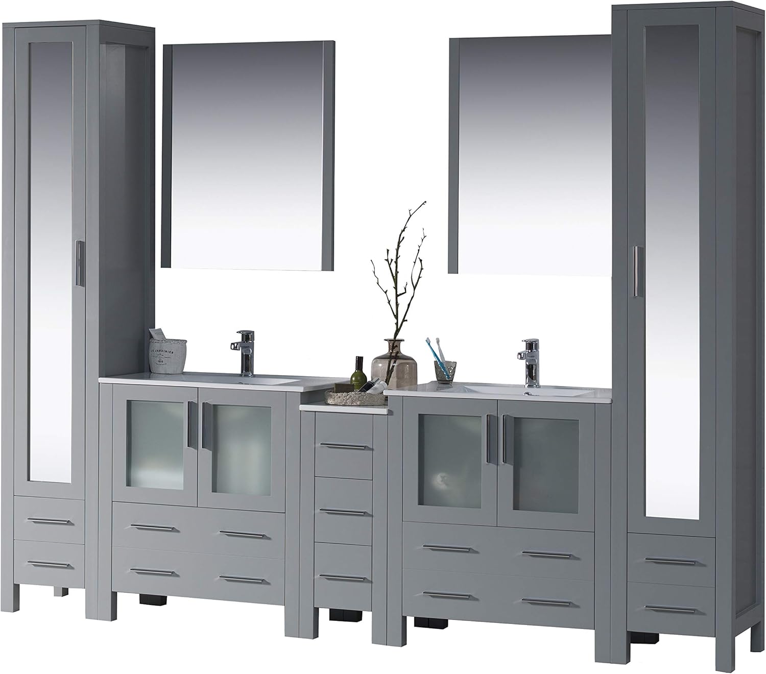 Blossom 102" Glossy White Double Vessel Sink Bathroom Vanity Set, Solid Wood Freestanding Cabinet, 2 Linen Closets, Side Cabinet & 2 Mirrors, Soft-Close Storage