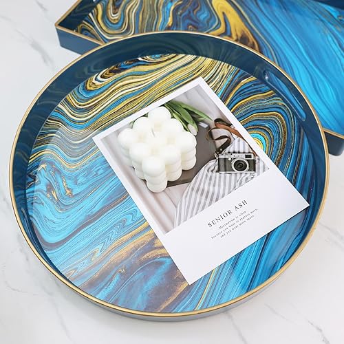 Miniatura 5 de Spsyrine Bandeja decorativa redonda, bandeja de plástico de 13 pulgadas con asas para desayuno, bandeja otomana redonda moderna para mesa de café,