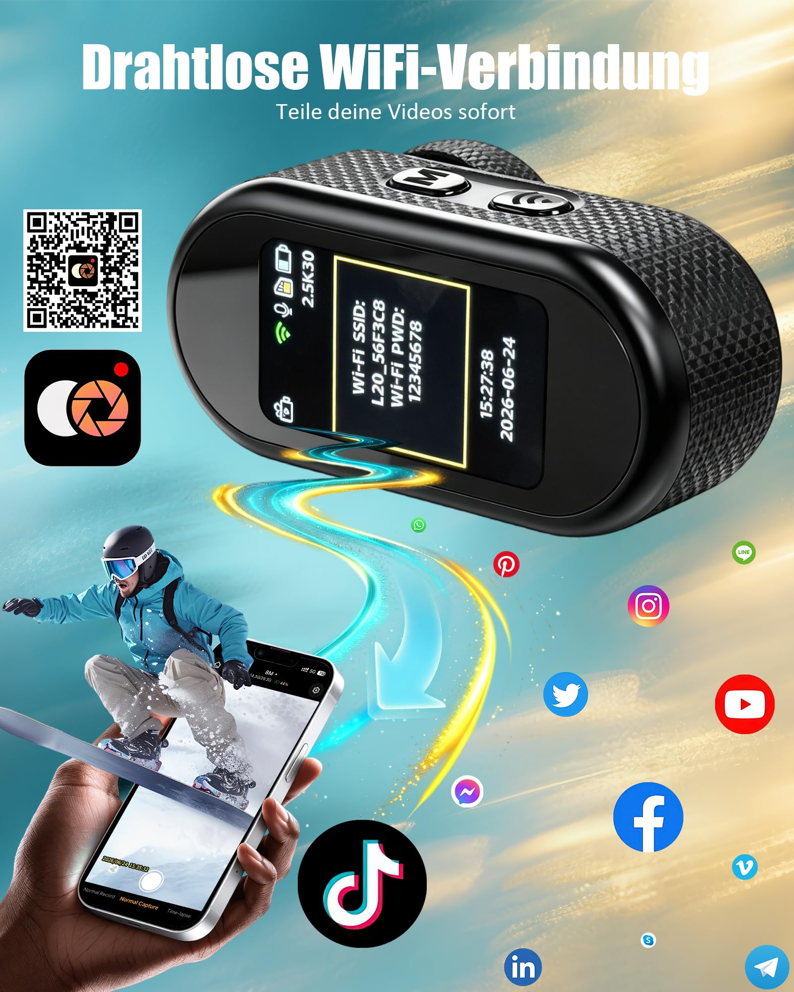 Mini Action Cam 4K, 1,47 Zoll Display Vlog Kamera mit WLAN | BodyCam Körperkamera, 140° Weitwinkel Motorrad Kamera, Helmkamera, Magnetische Vlogging Kamera für Radfahren, Haustiere